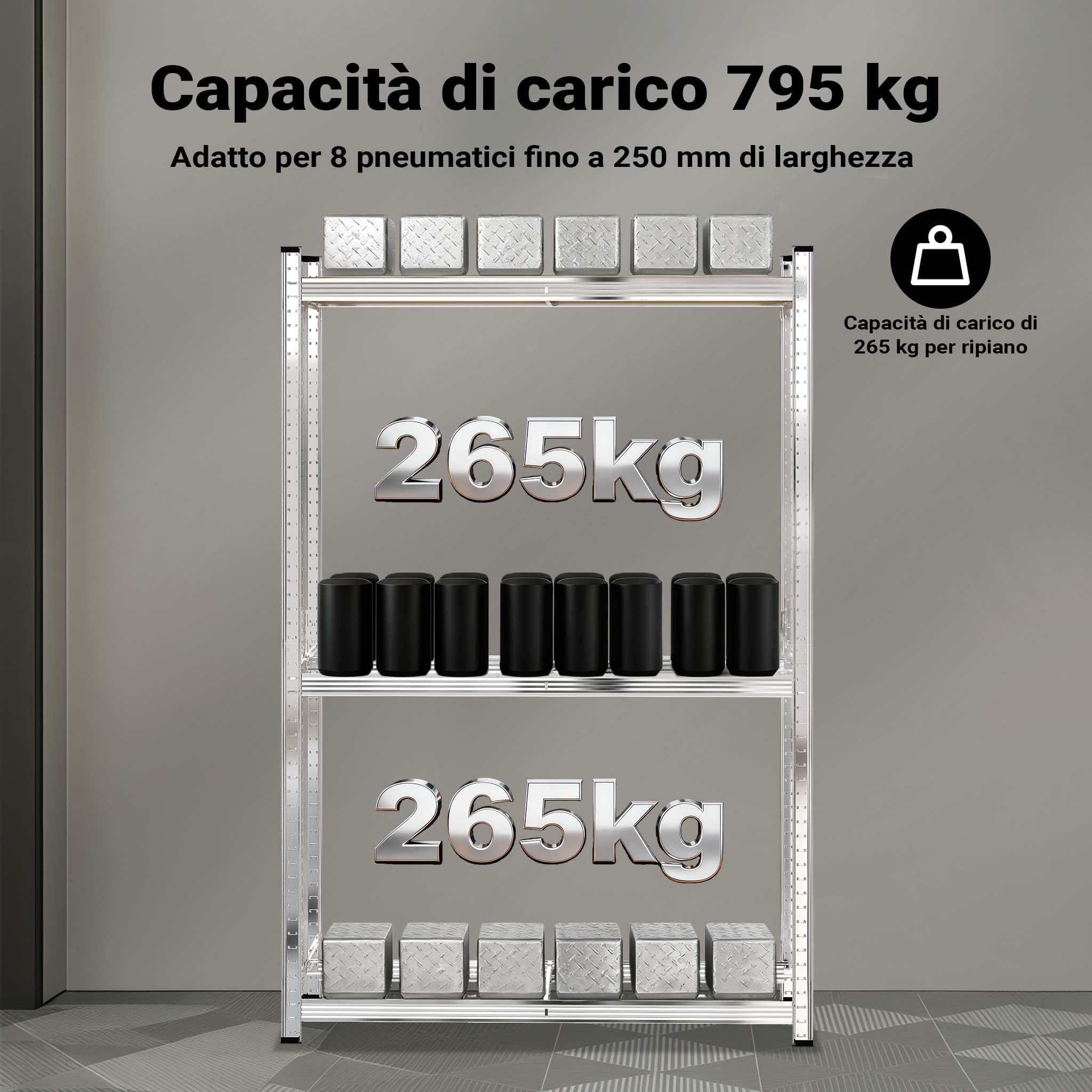 Wiltec Scaffale portagomme 180x120x40 cm 8 gomme 795 kg