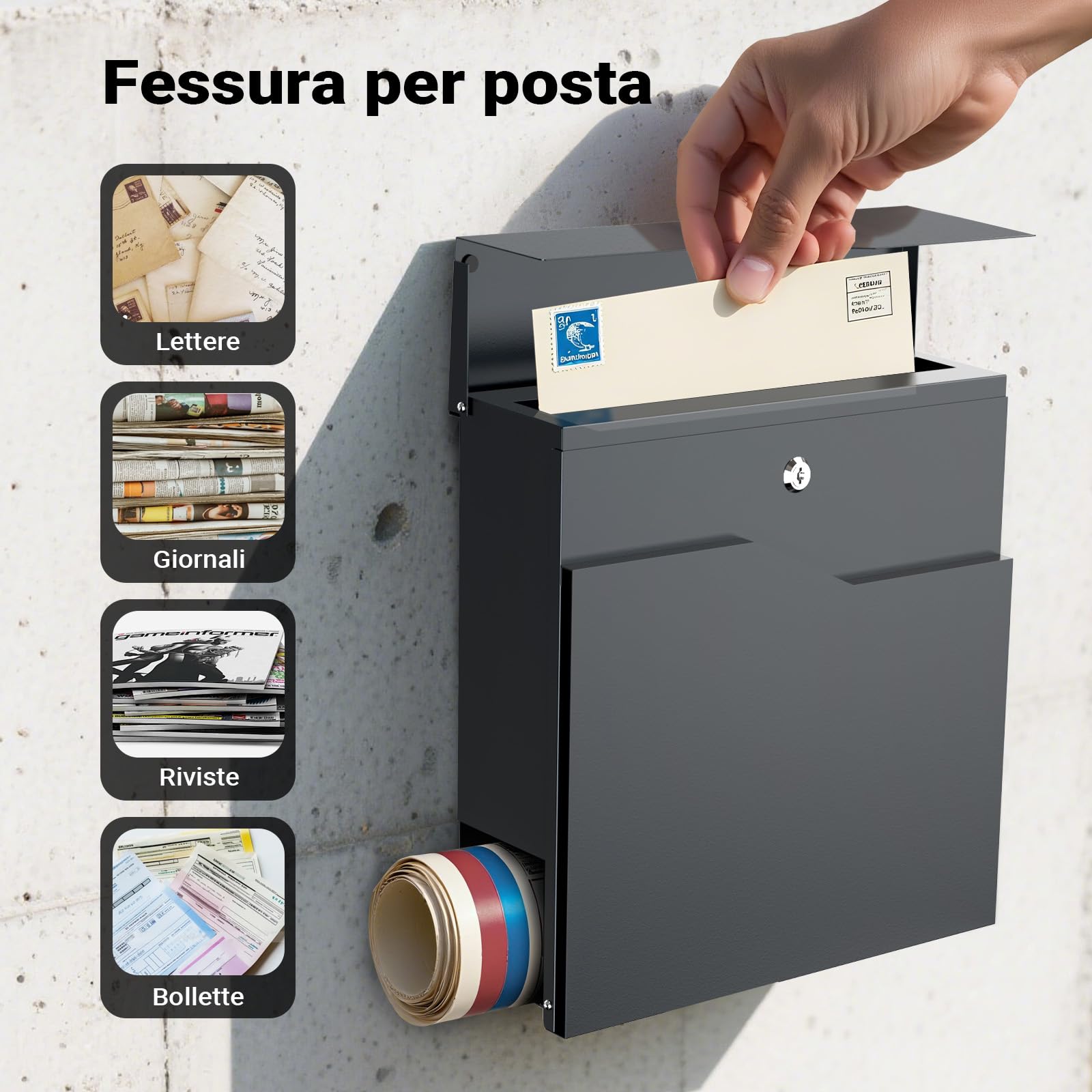 Wiltec V19 Cassetta Postale Grigio Scuro con Portagiornali