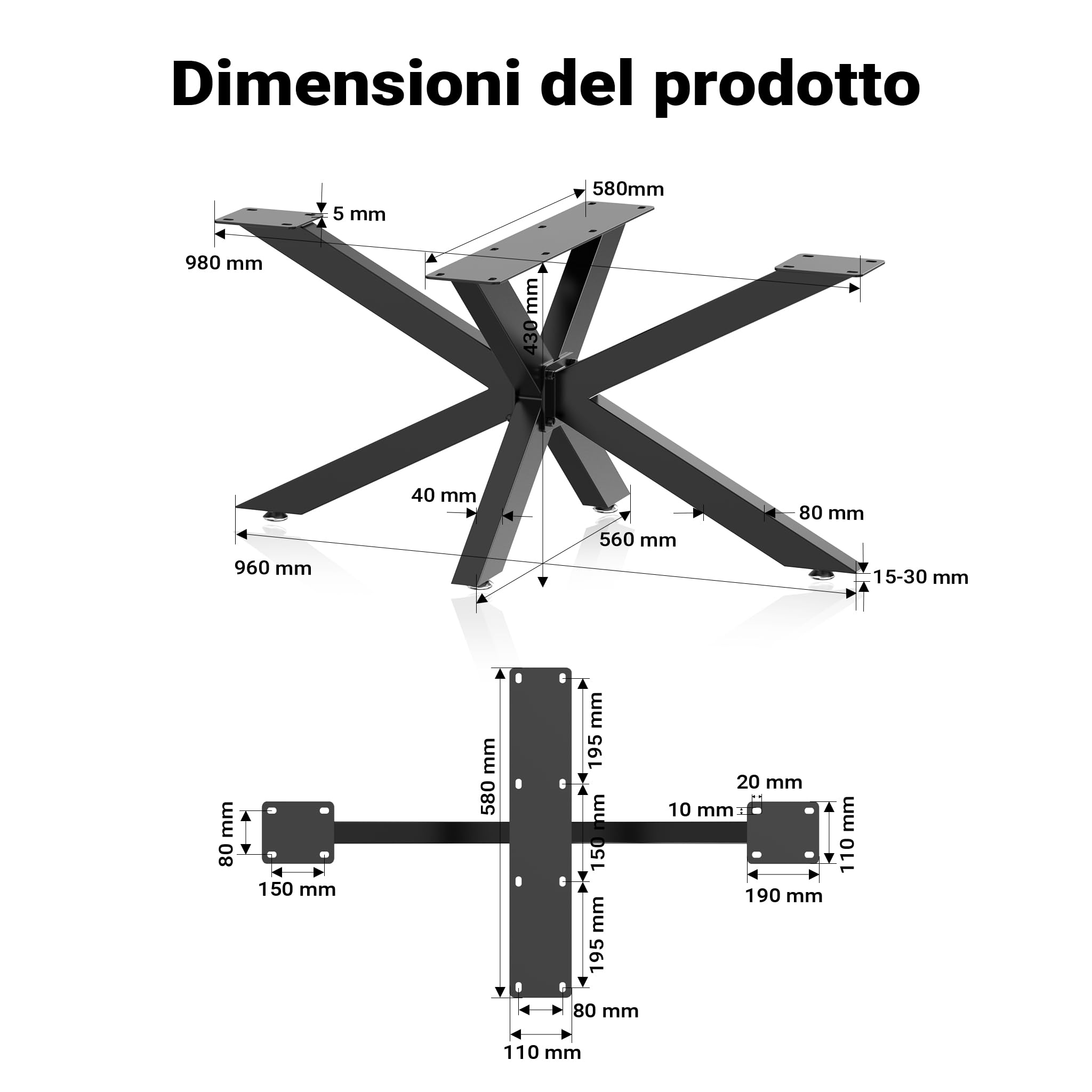 XPOtool Telaio Tavolo Ragno Acciaio Nero 43x58x98 cm