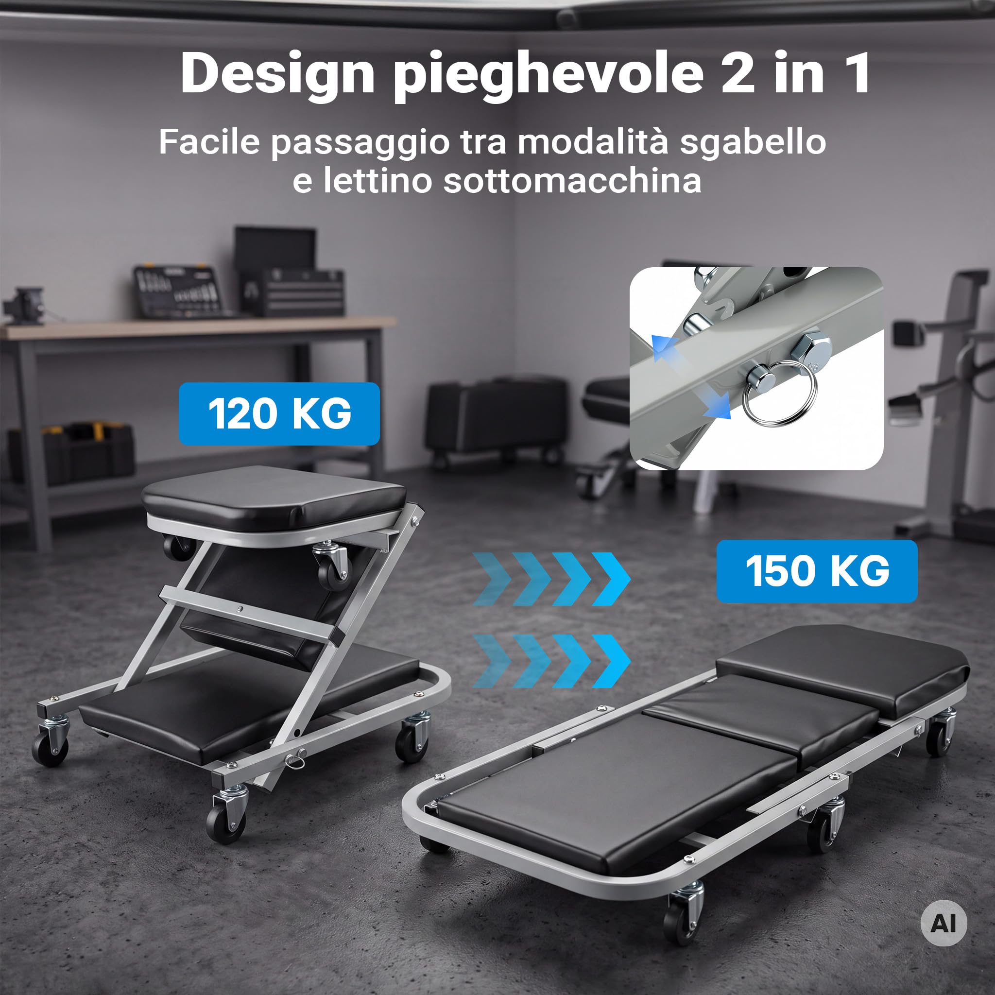 Wiltec Sdraio Sgabello Officina 2in1 Lettino 90x41,5cm 150kg