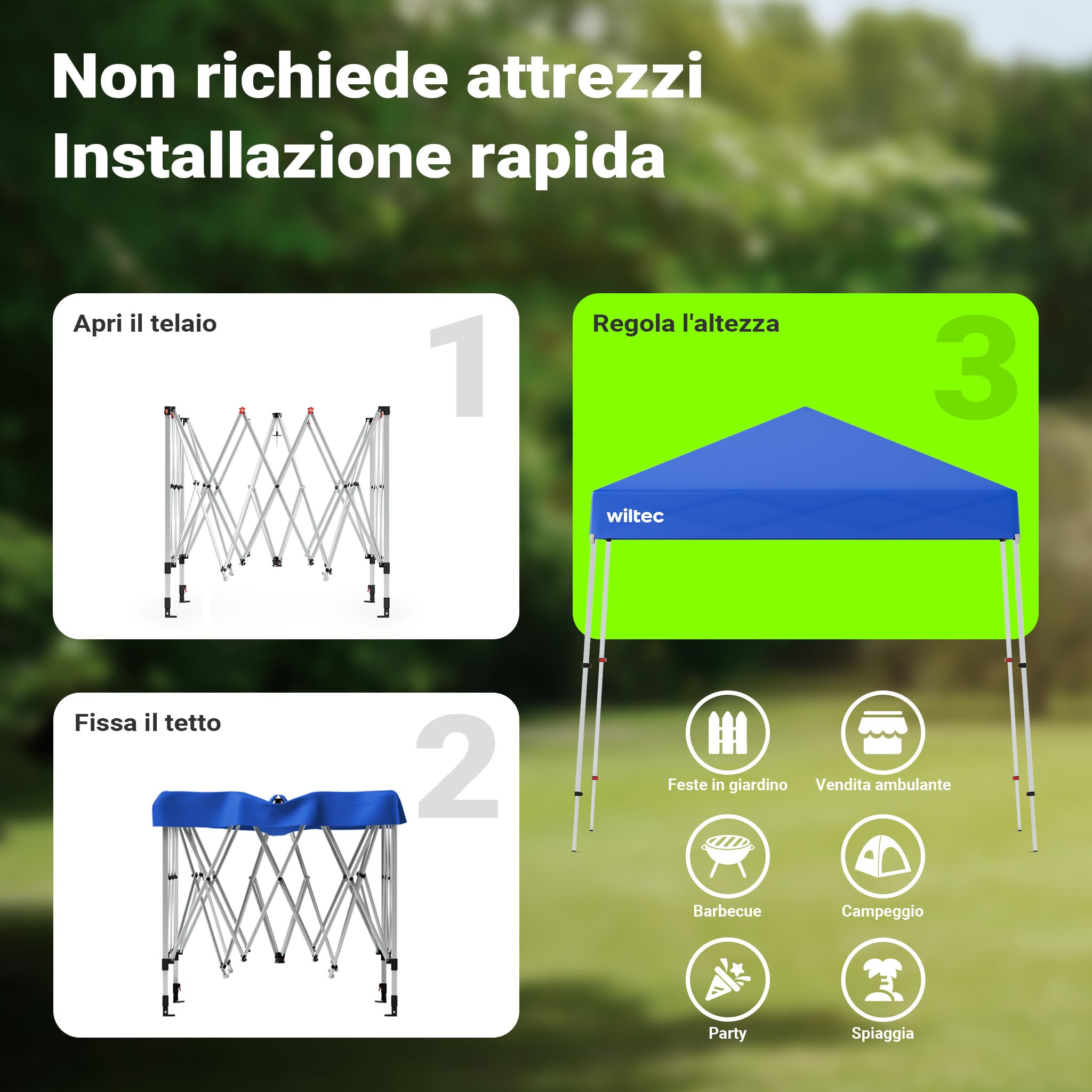 Wiltec Gazebo Pieghevole Blu 2,5x2,5 m Telo 190T