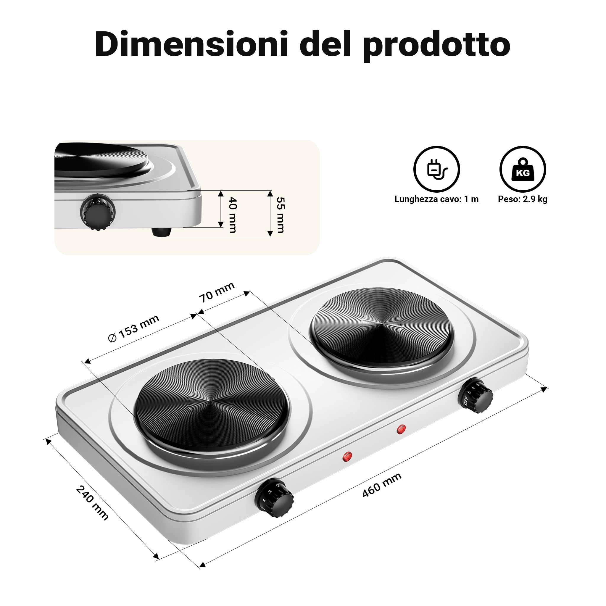 Wiltec Fornello Elettrico Doppia Piastra Ghisa 2000W