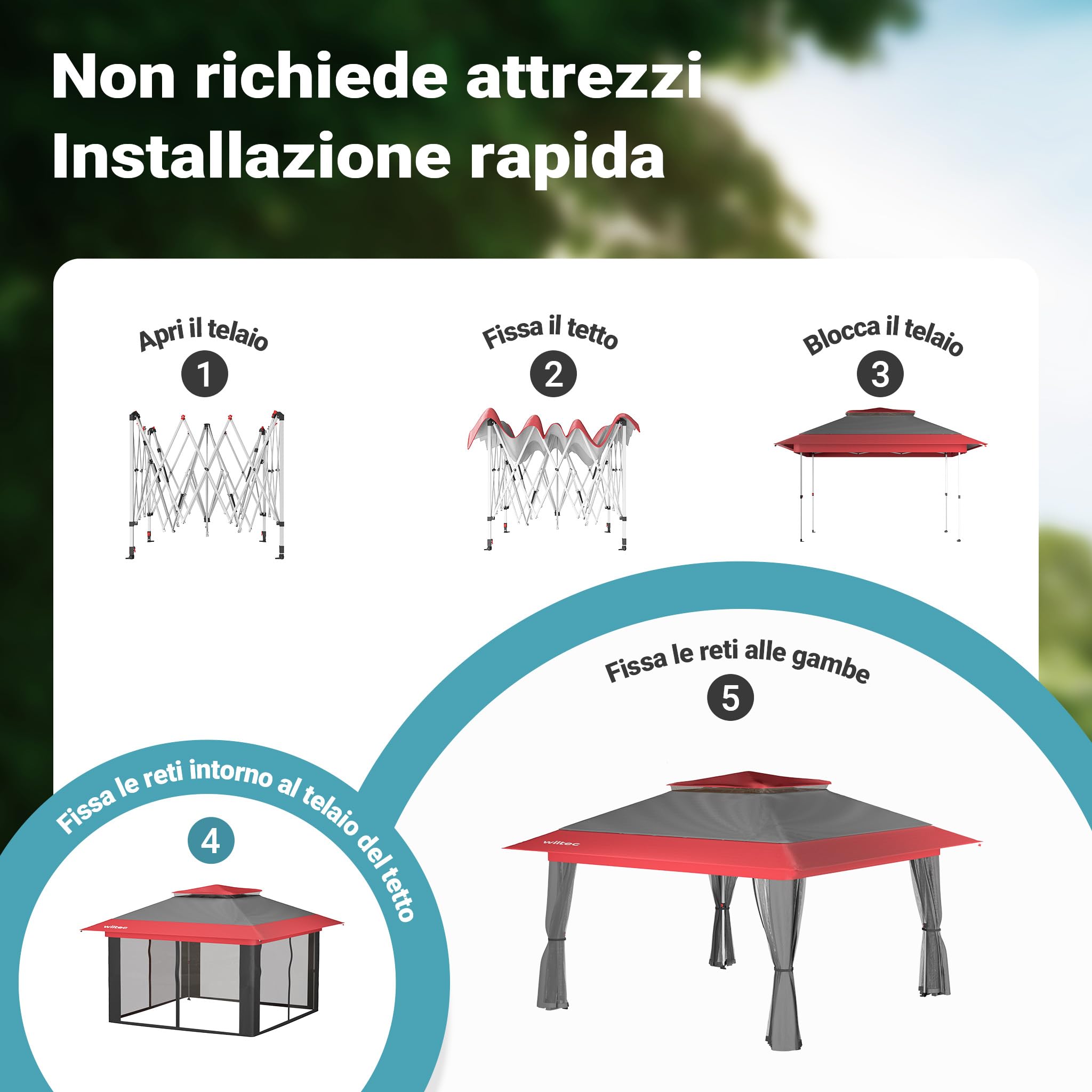 Wiltec Gazebo pieghevole zanzariera 3,92x3,92 m grigio rosso