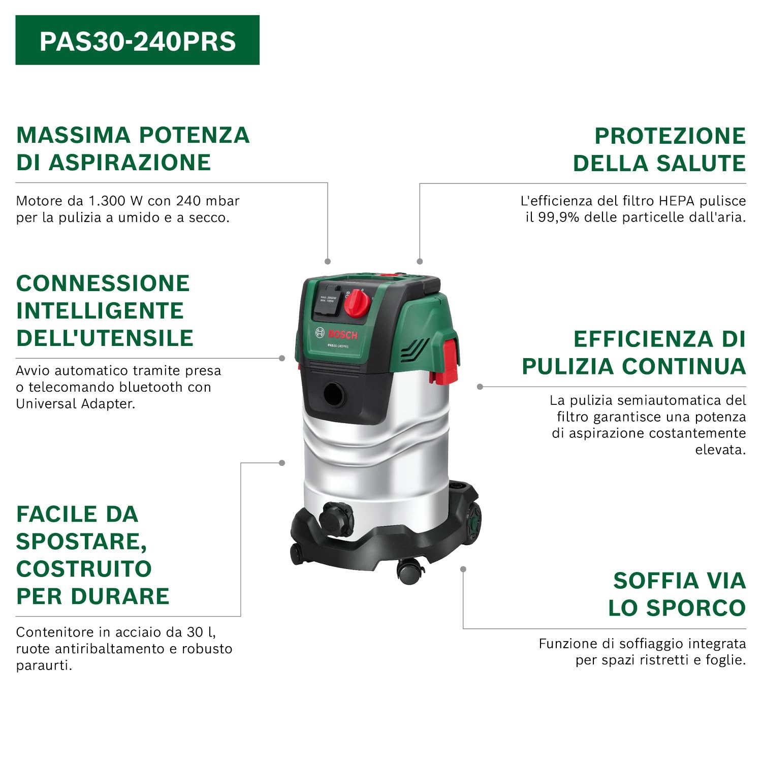 Bosch PAS30-240PRSS Aspiratore Liquidi e Solidi 30L