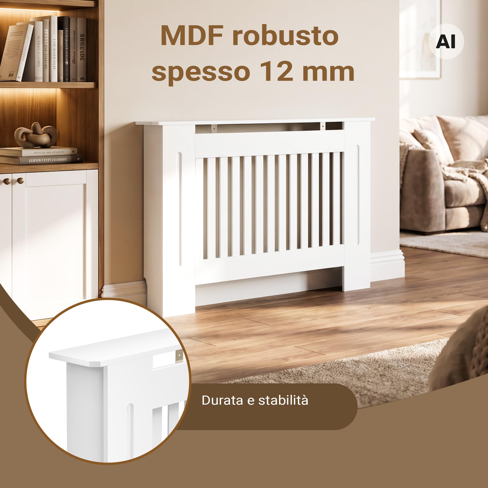 Wiltec Copritermosifone a Doghe MDF Bianco 112x19x82 cm