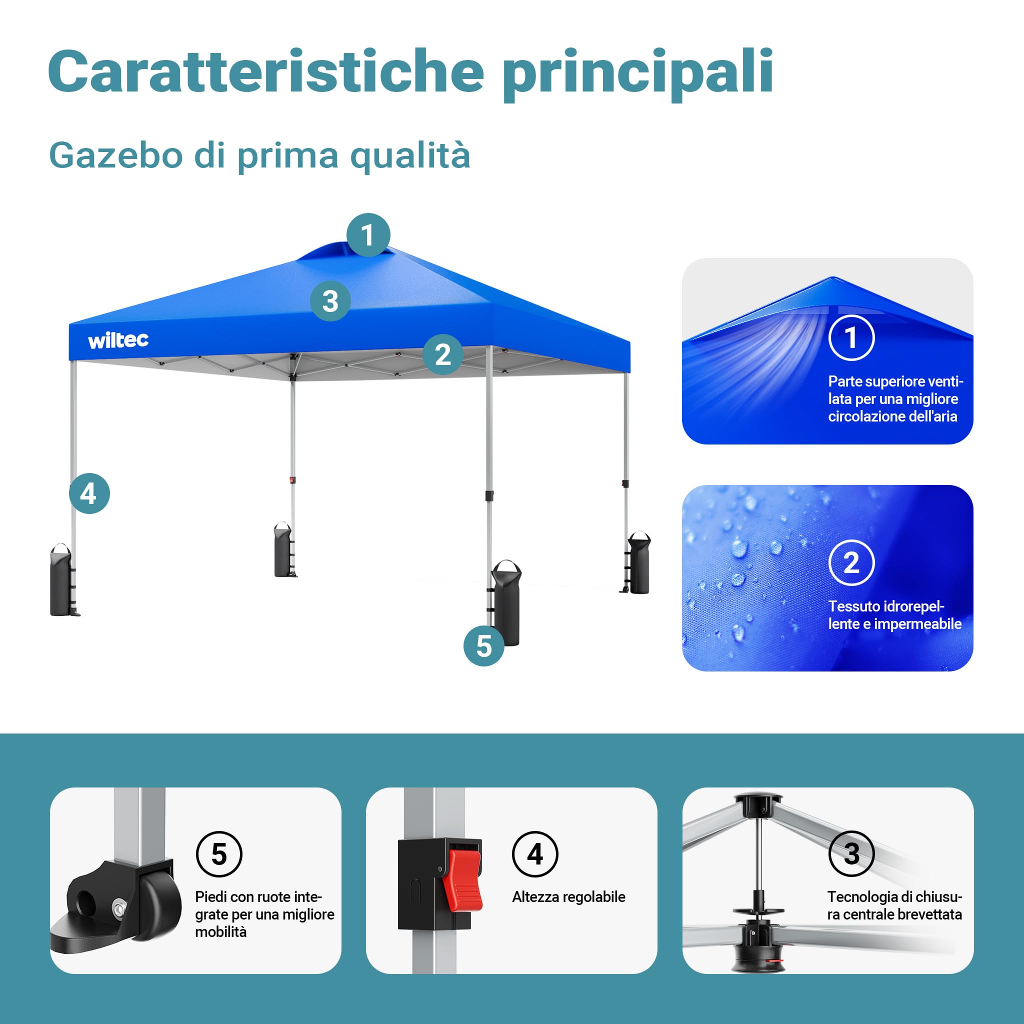 Wiltec Gazebo Pop-Up 3x3 m Blu Impermeabile