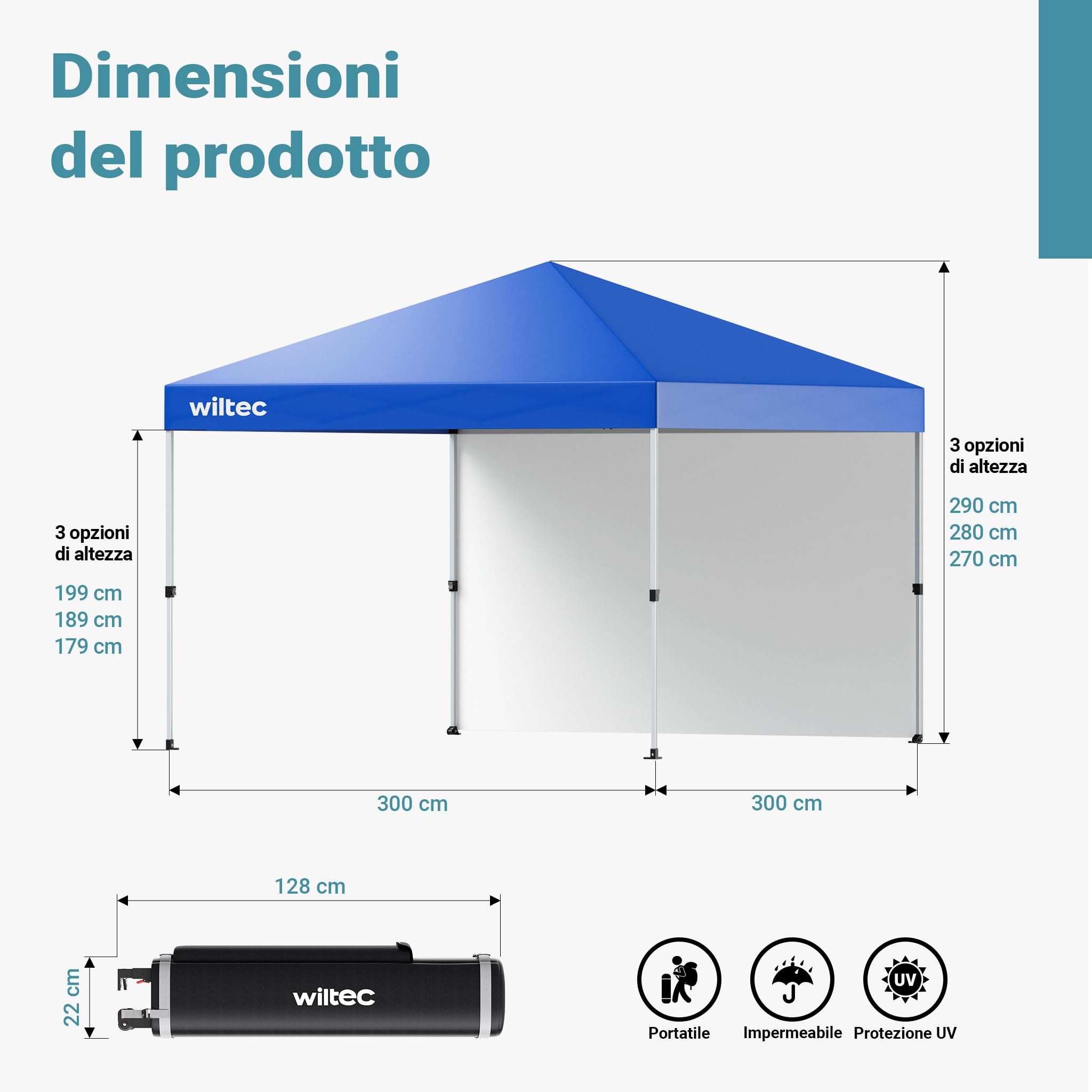Wiltec Gazebo Pieghevole Blu 3x3m Telo 600D UV50+