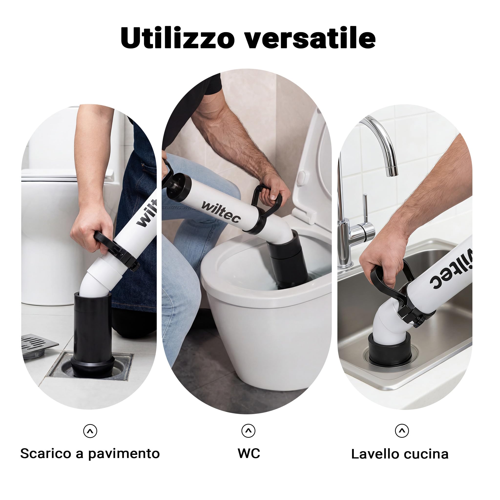 Wiltec pompa sturatubi alta pressione 3 adattatori PVC