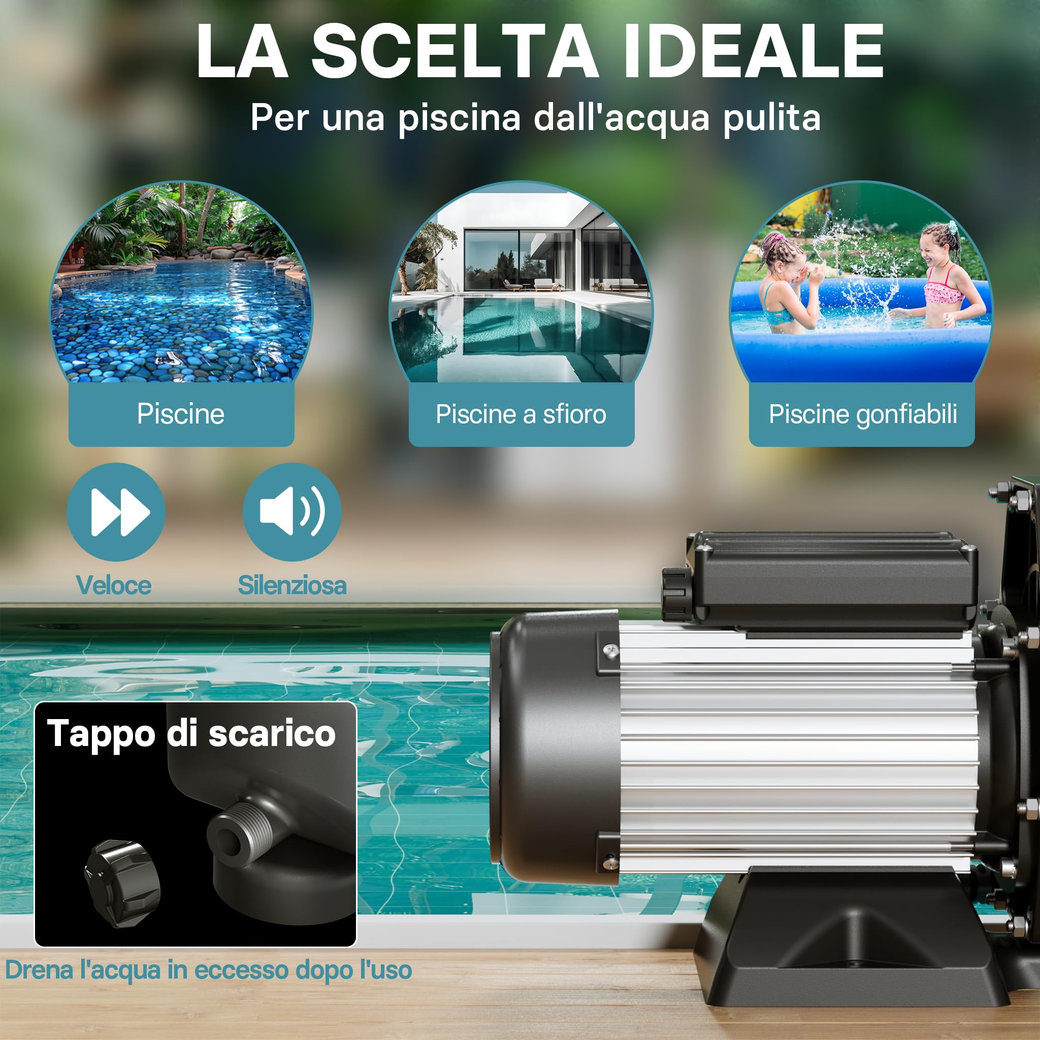 Wiltec Pompa piscina ricircolo 33600 l/h 1500W con filtro