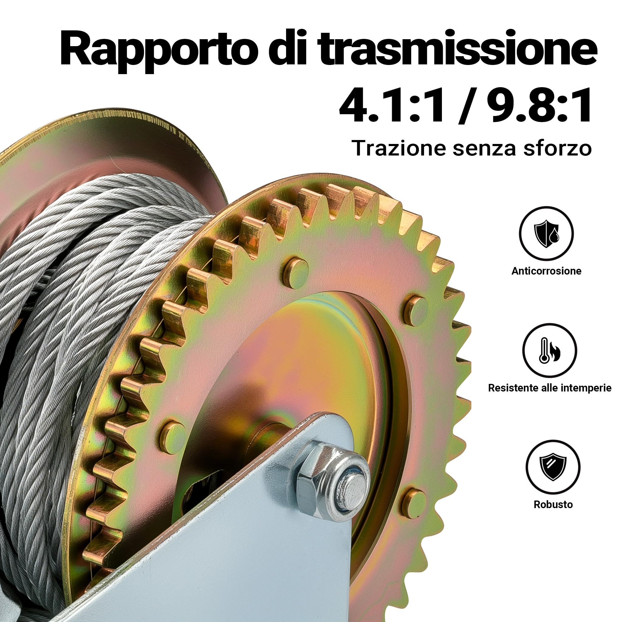 Wiltec Verricello manuale 1100 kg fune 8 m 2 velocità