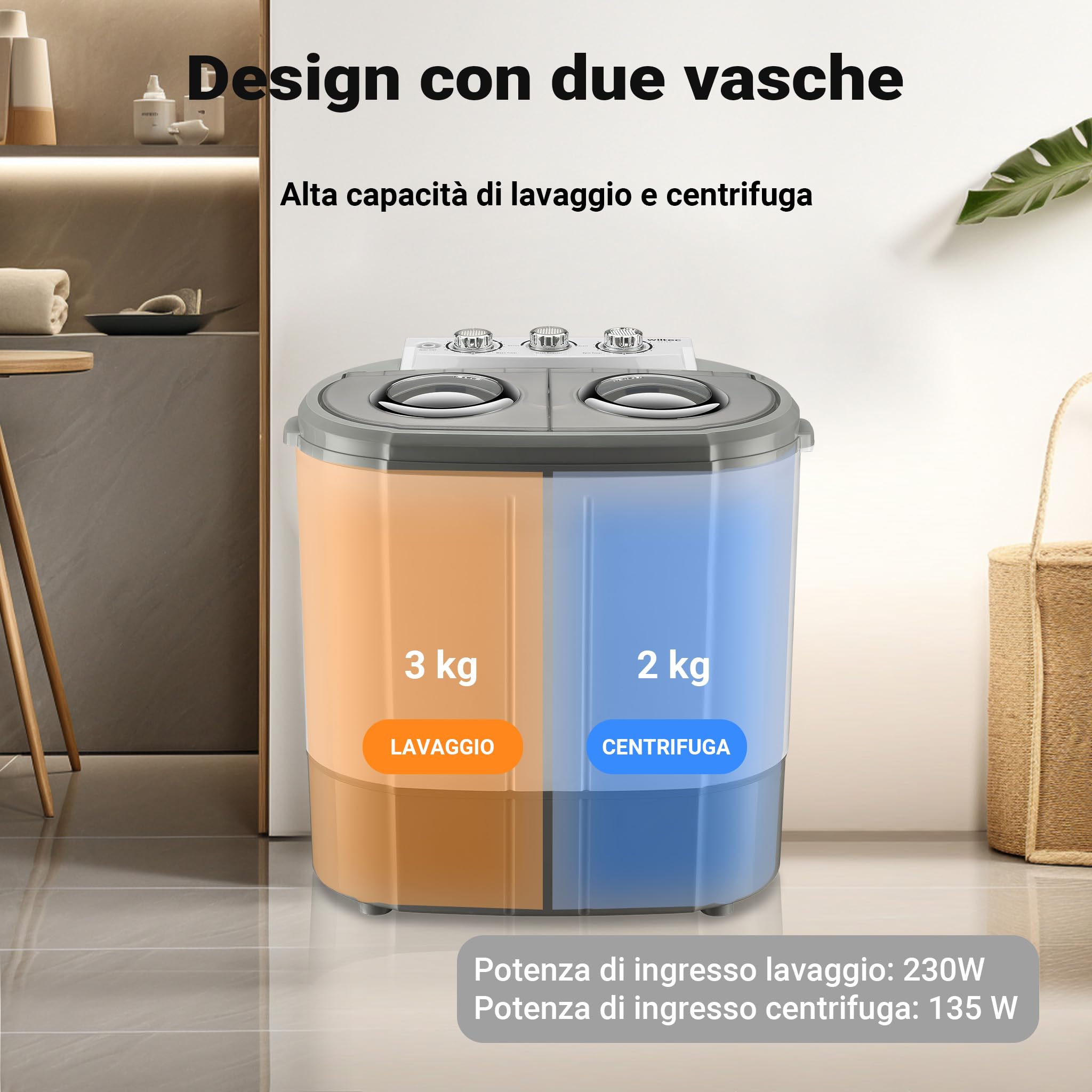 Wiltec Lavatrice camper portatile 3 kg con centrifuga