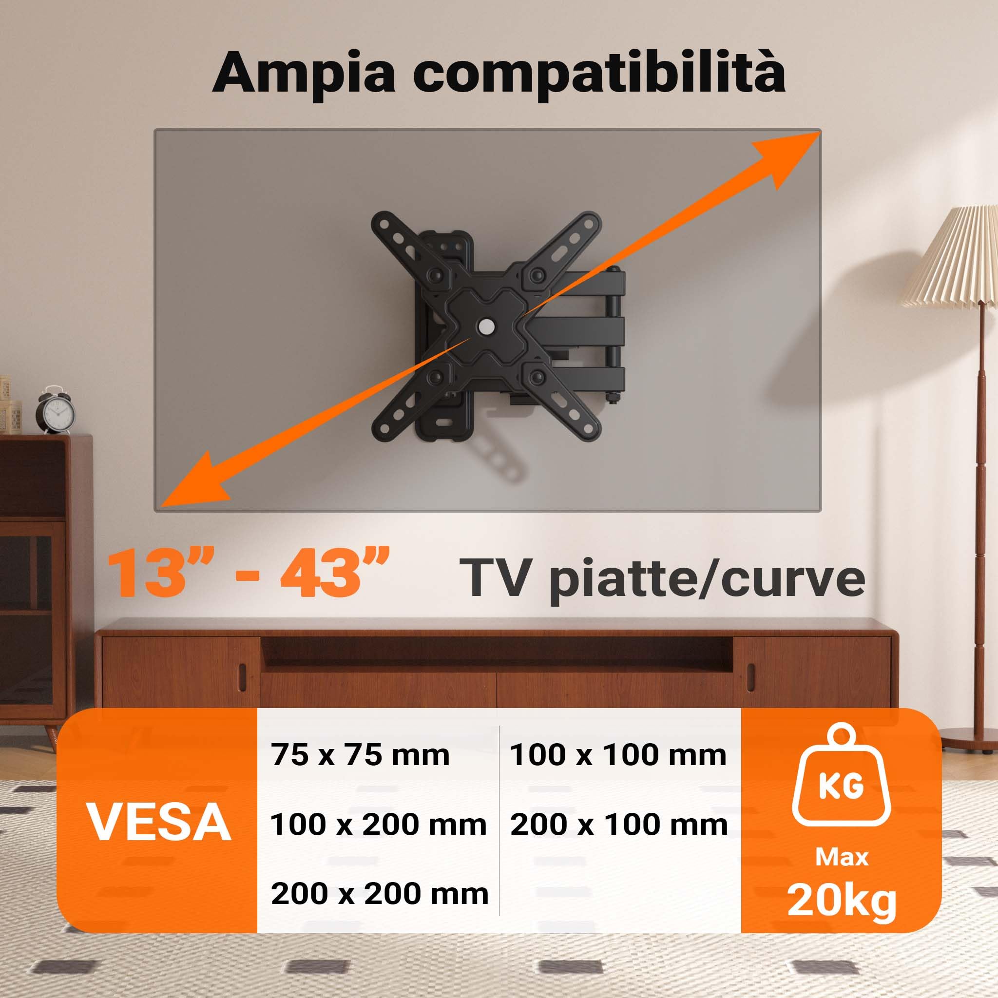 Wiltec Supporto TV parete 13-43" braccio snodato 20 kg