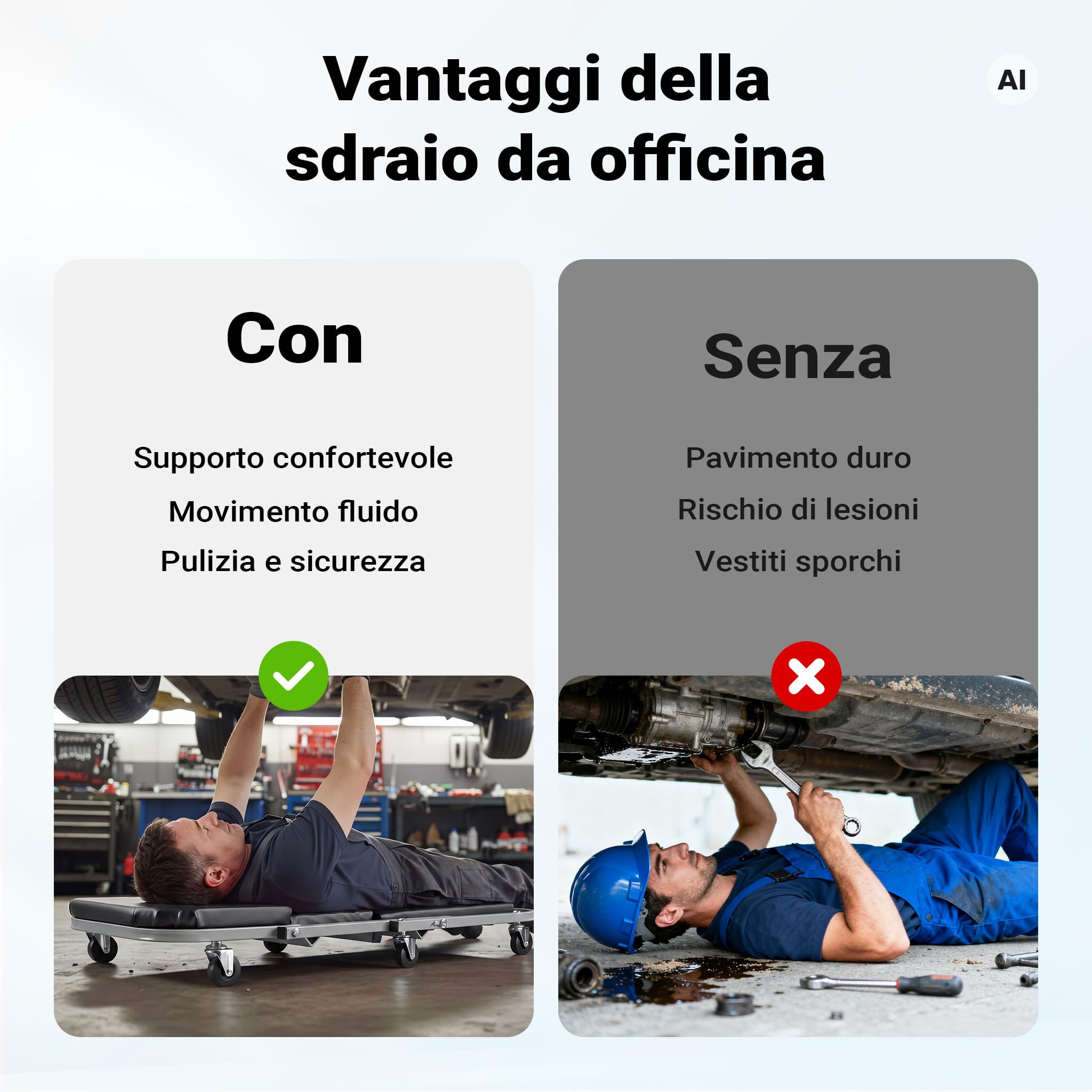 Wiltec Sdraio Sgabello Officina 2in1 Lettino 90x41,5cm 150kg