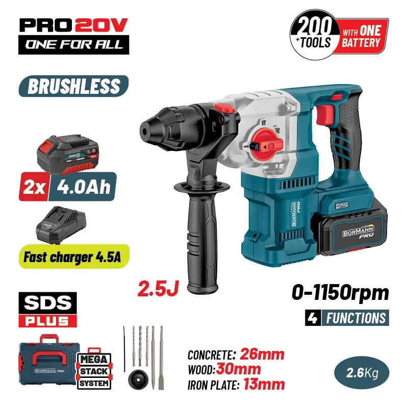 Bormann Pro martello perforatore brushless 20V SDS-Plus 2x4Ah