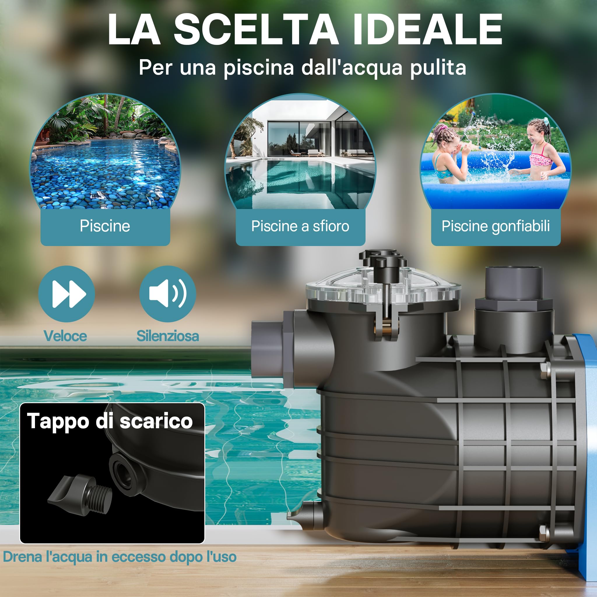 Wiltec Pompa piscina 34800 l/h 3000W con filtro