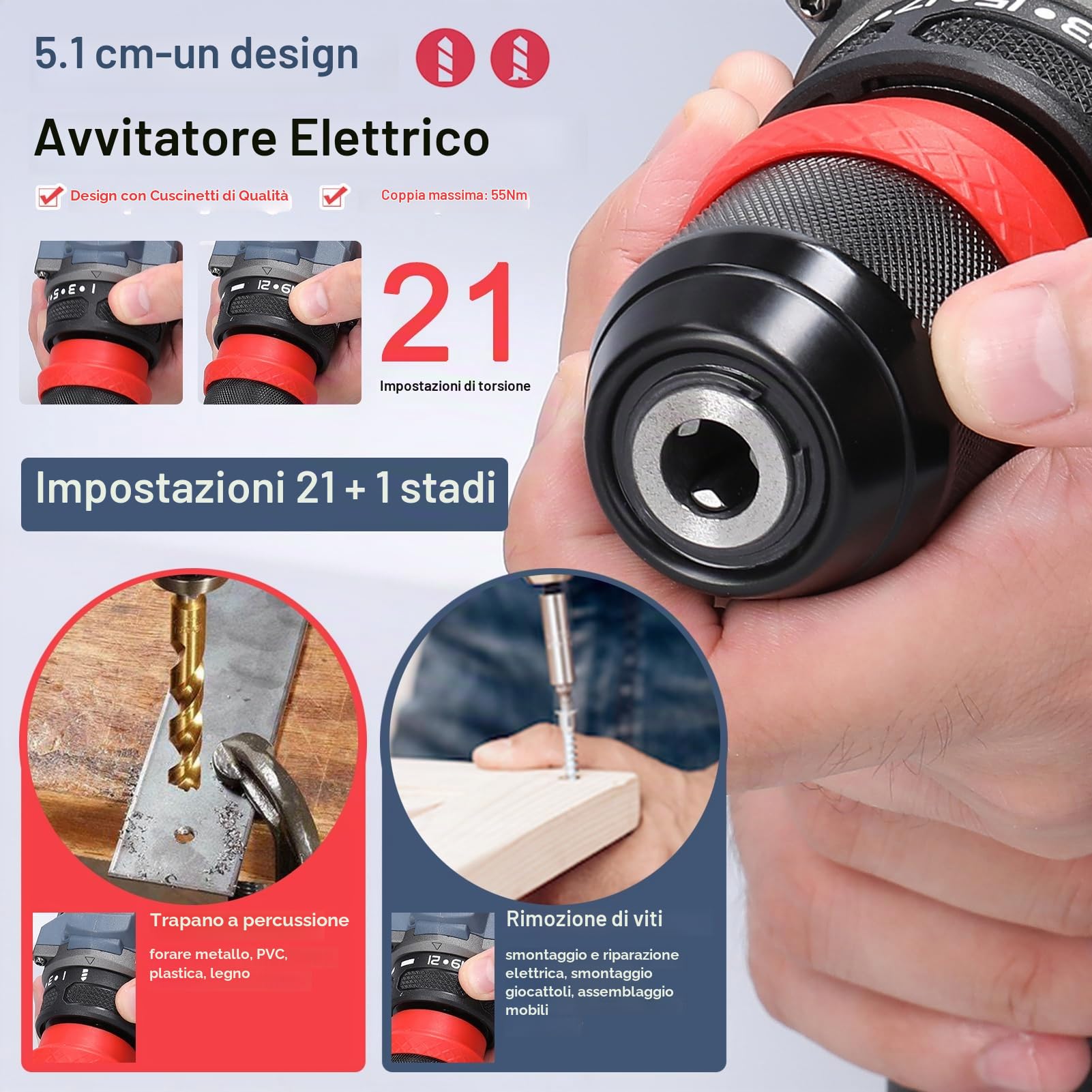 Weytoll Trapano Avvitatore Batteria 21V 55Nm Brushless 2in1