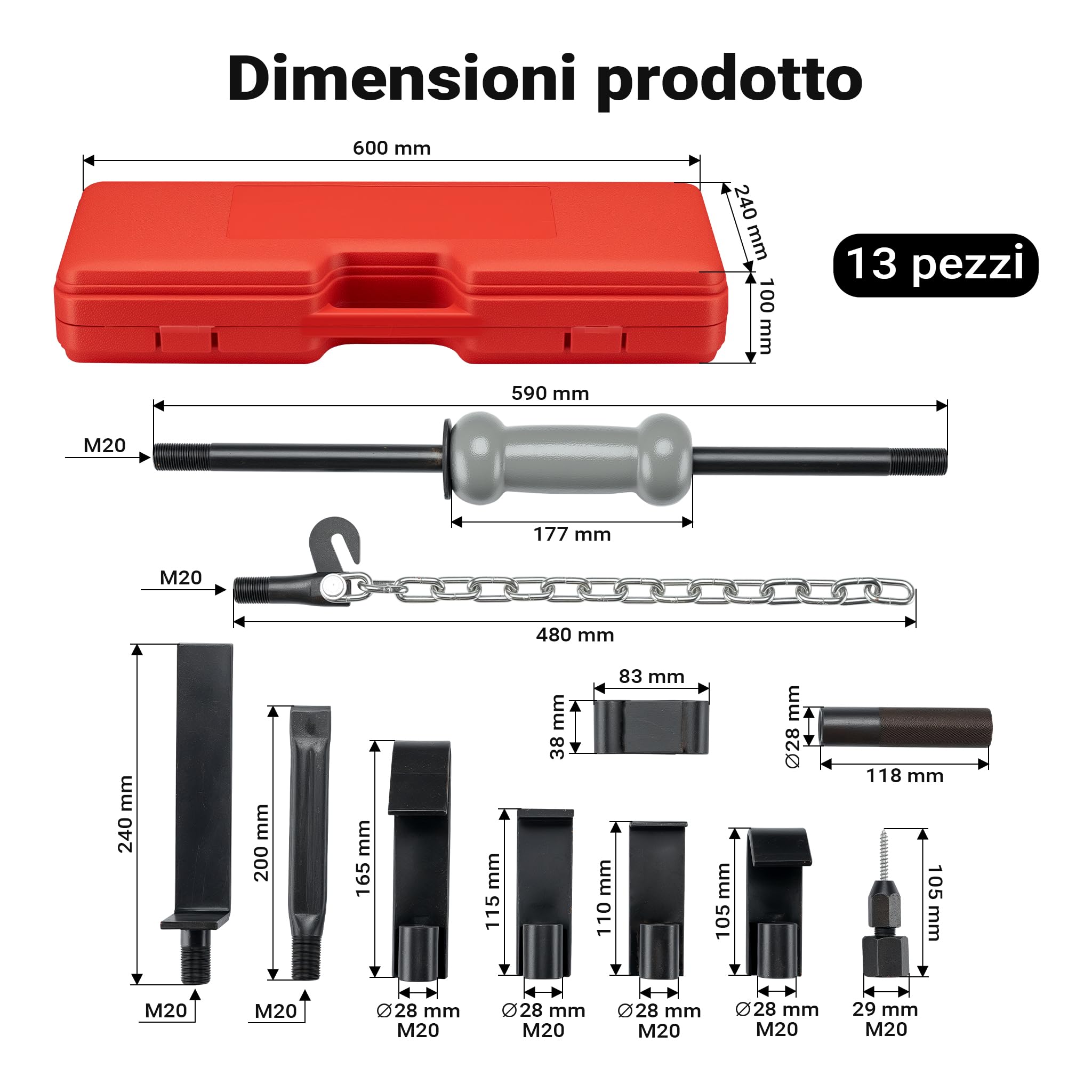 Wiltec Set Carrozzeria 11 Pezzi Martello Scorrevole 2,5 Kg