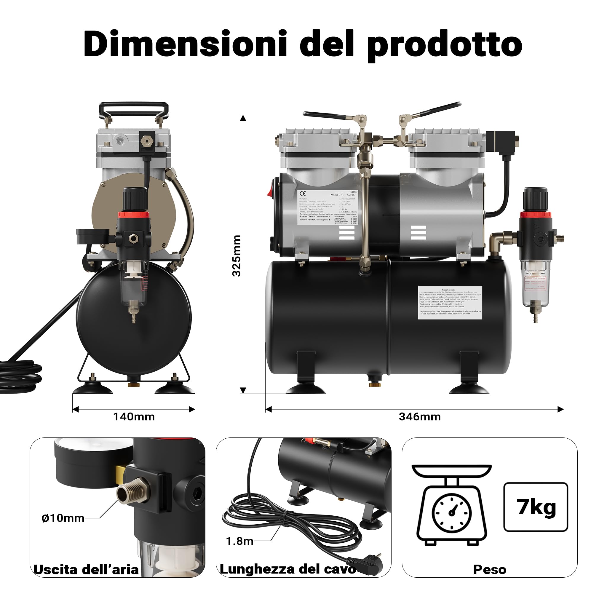 Wiltec AS196 Compressore Aerografo 6 Bar con Serbatoio
