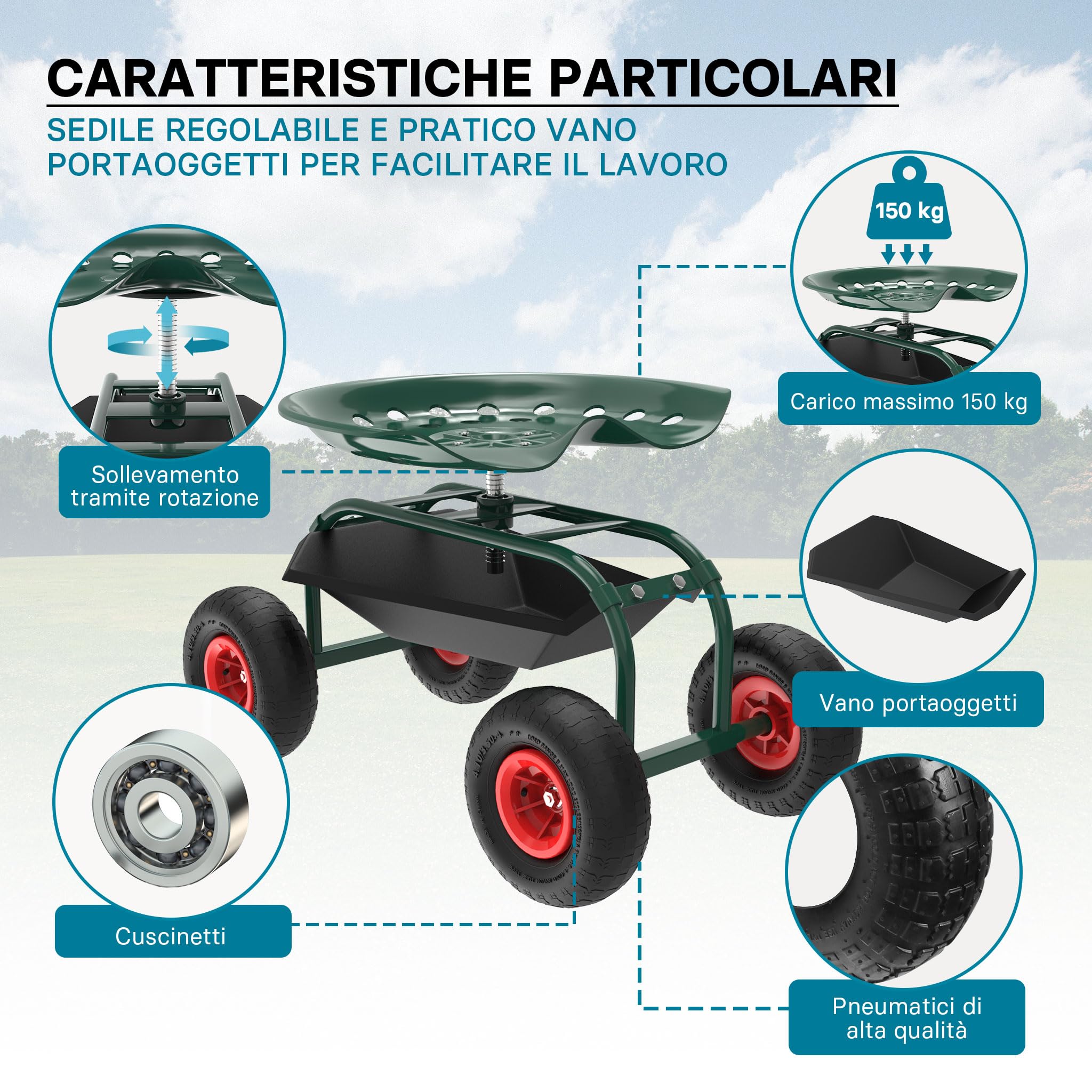 Wiltec Sgabello Giardinaggio Officina con Ruote 150 kg