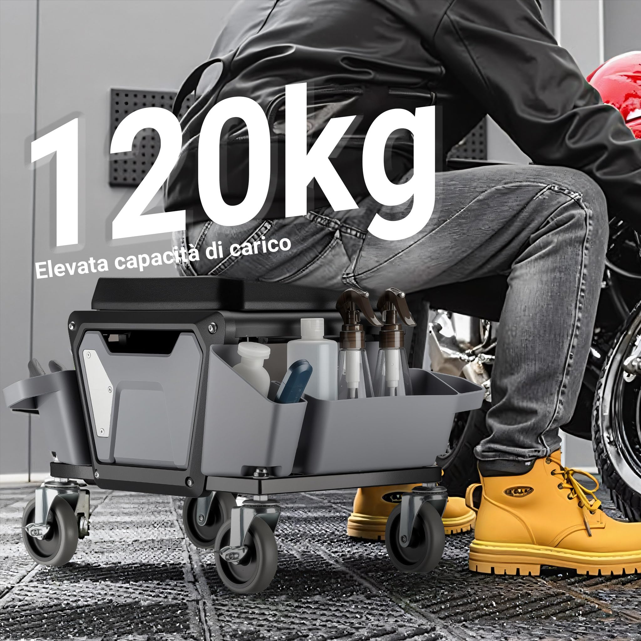 Wiltec Sgabello Officina con Ruote Portautensili Sgabello 120 kg