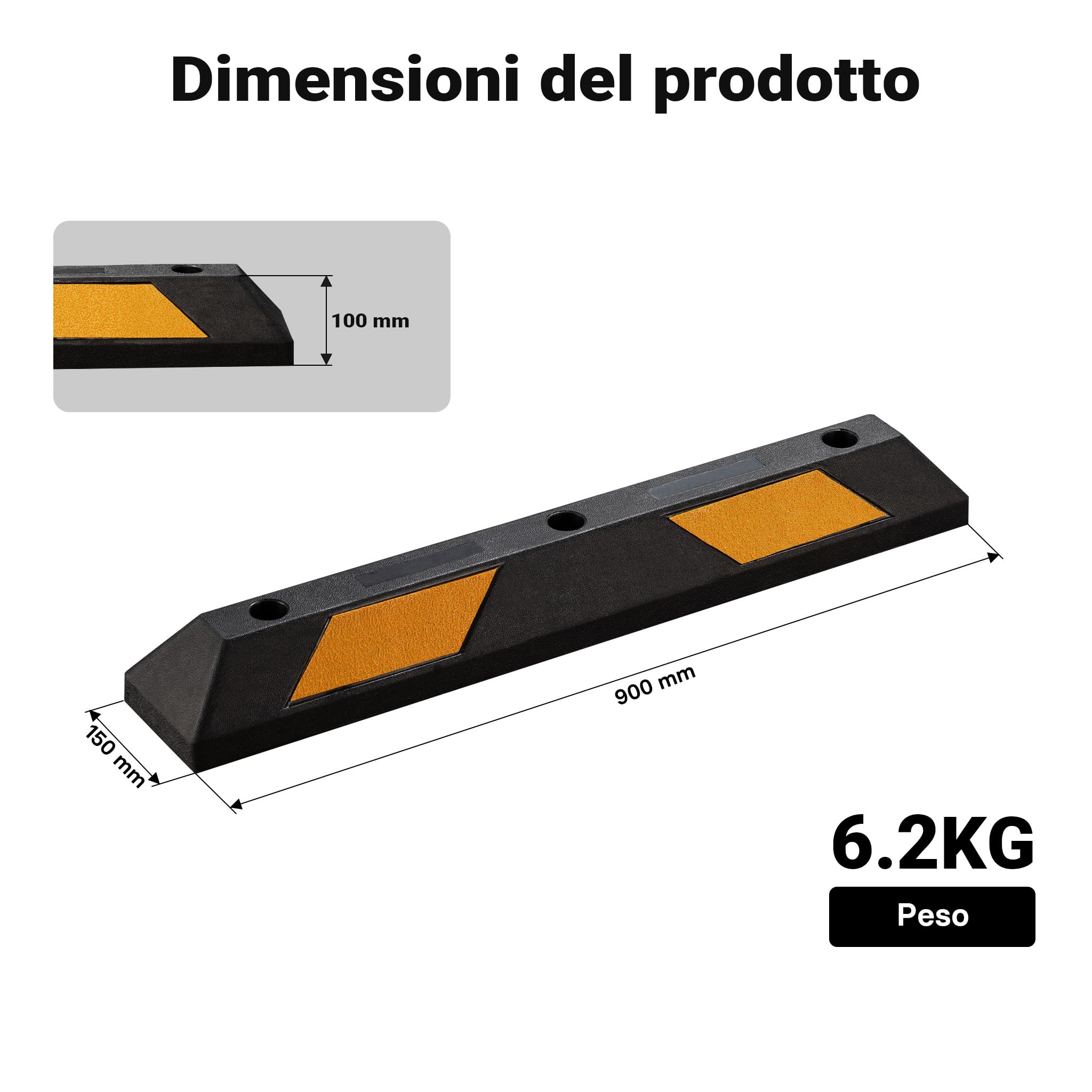 Wiltec Delimitatore 900x150x100mm fermaruota gomma 2 pezzi rifrangente