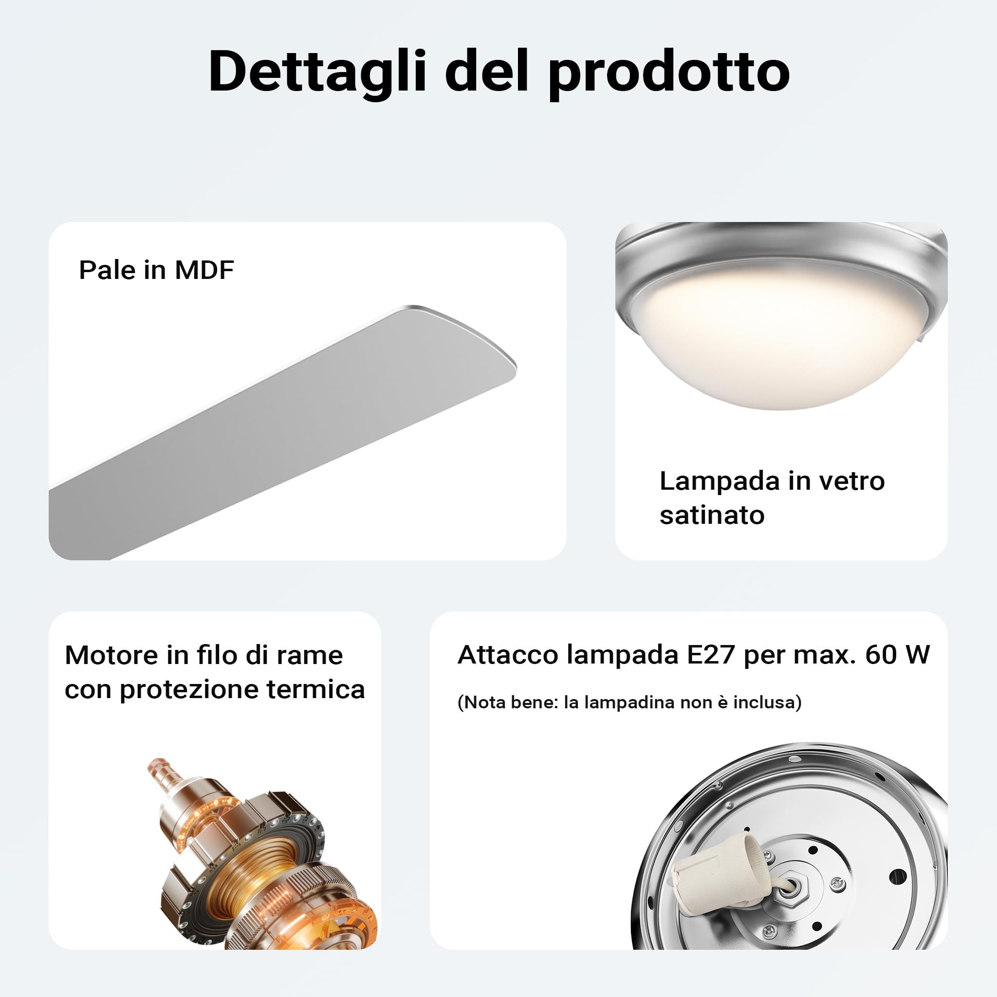Wiltec Ventilatore Soffitto 130 cm lampadario 4 pale 65 W