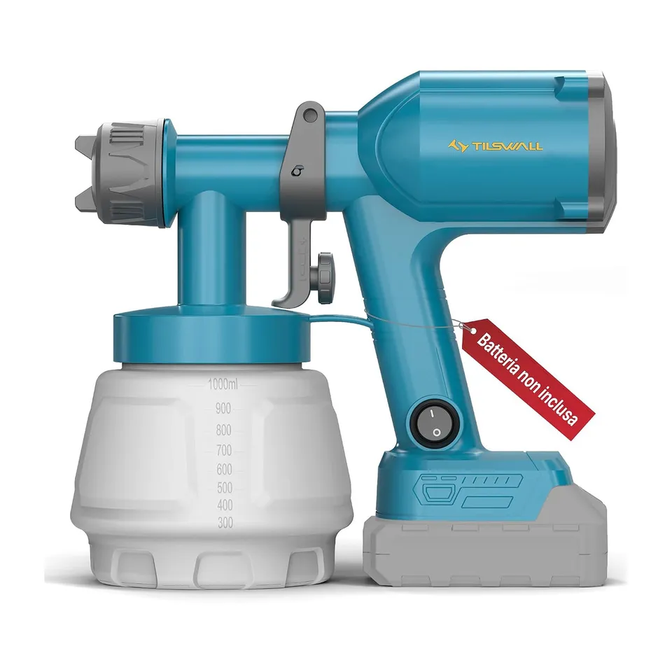Tilswall Pistola Vernice Batteria 18V 1000ml 2 Ugelli 450ml/min