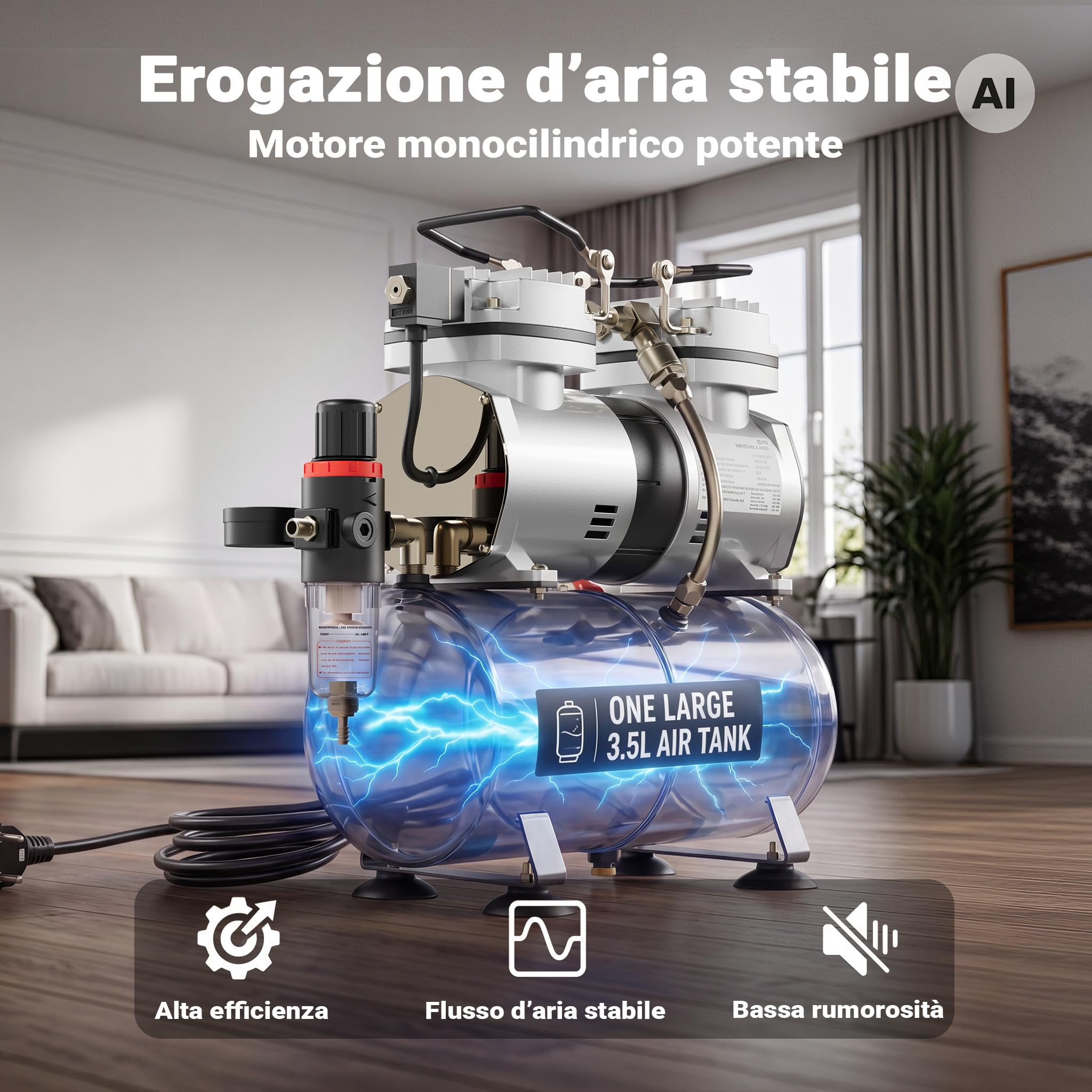 Wiltec AS196 Compressore Aerografo 6 Bar con Serbatoio