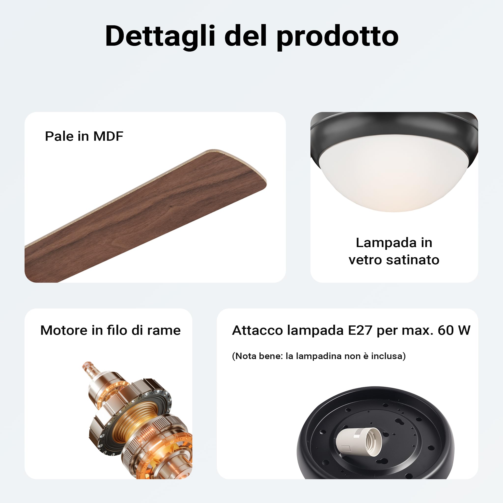 Wiltec Ventilatore Soffitto 122 cm lampadario 4 pale 53 W