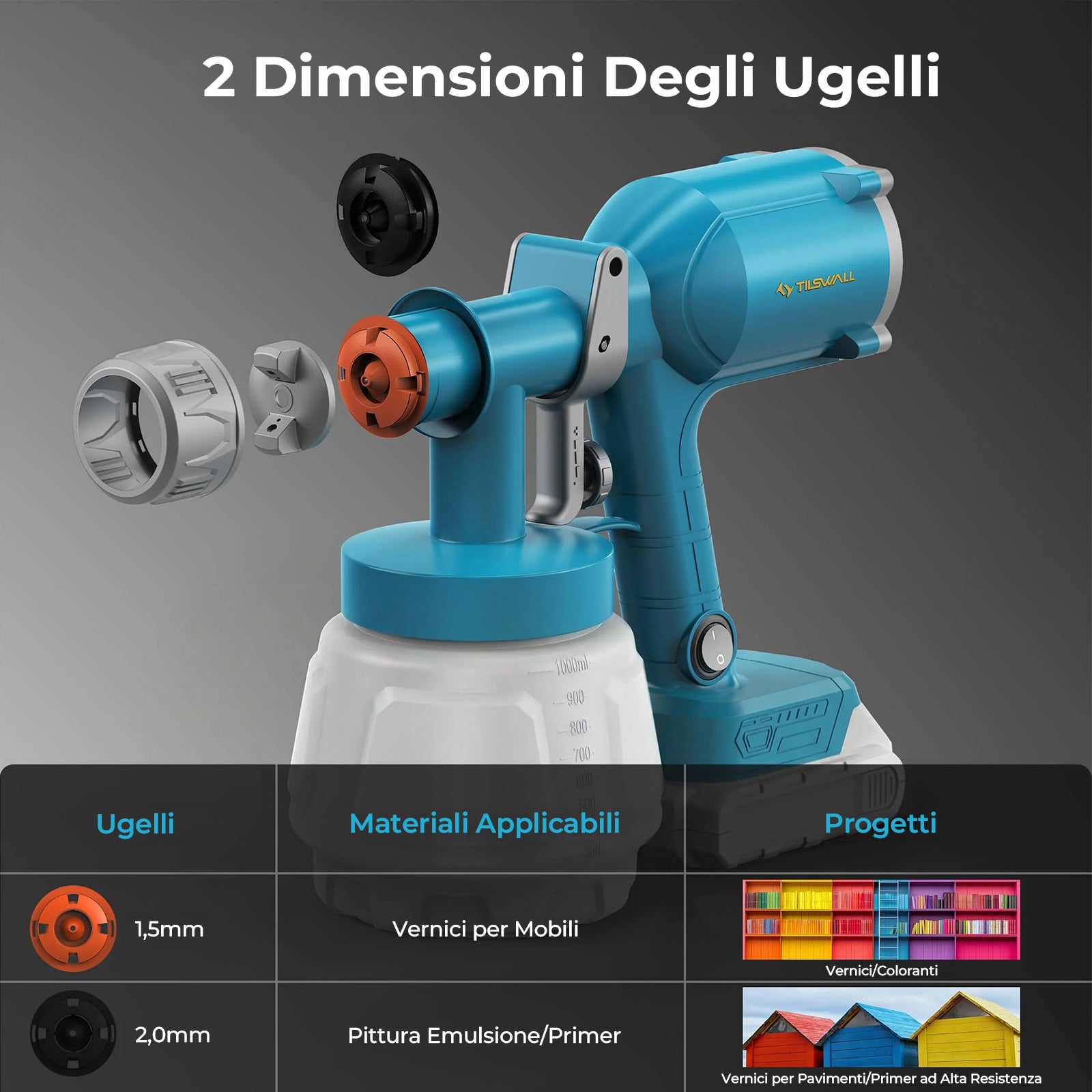 Tilswall Pistola Vernice Batteria 18V 1000ml 2 Ugelli 450ml/min