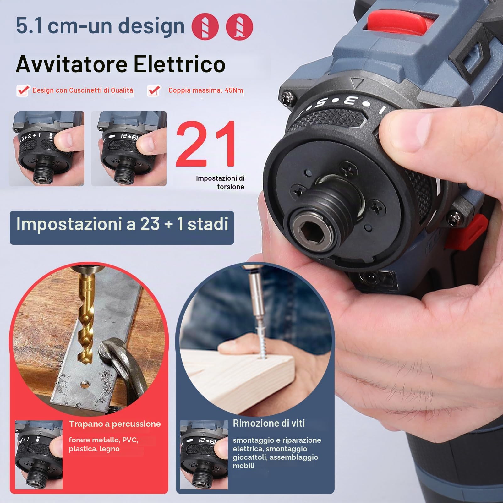 Weytoll 16.8V Trapano Avvitatore Batteria 45Nm 2 Batterie