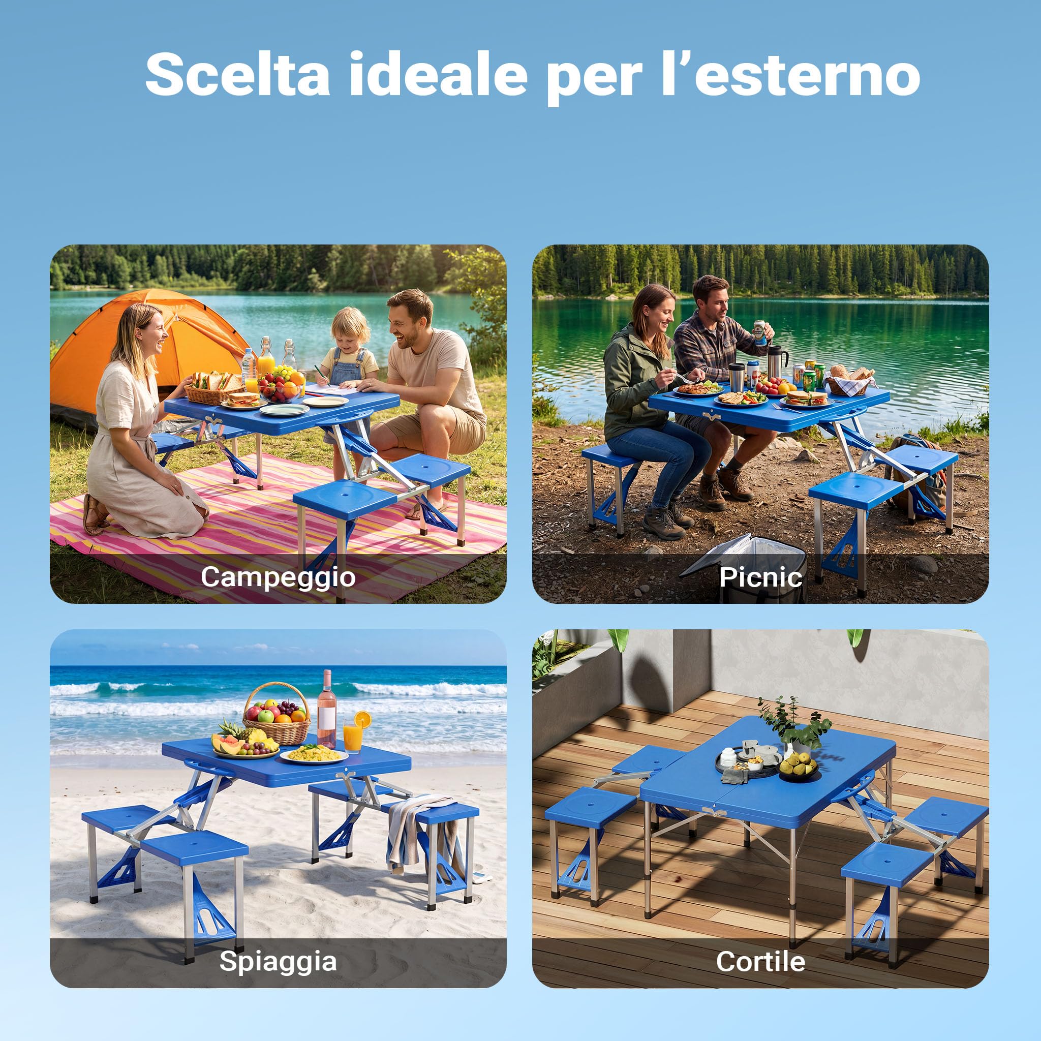 Wiltec tavolo campeggio pieghevole 4 sedie 133 cm