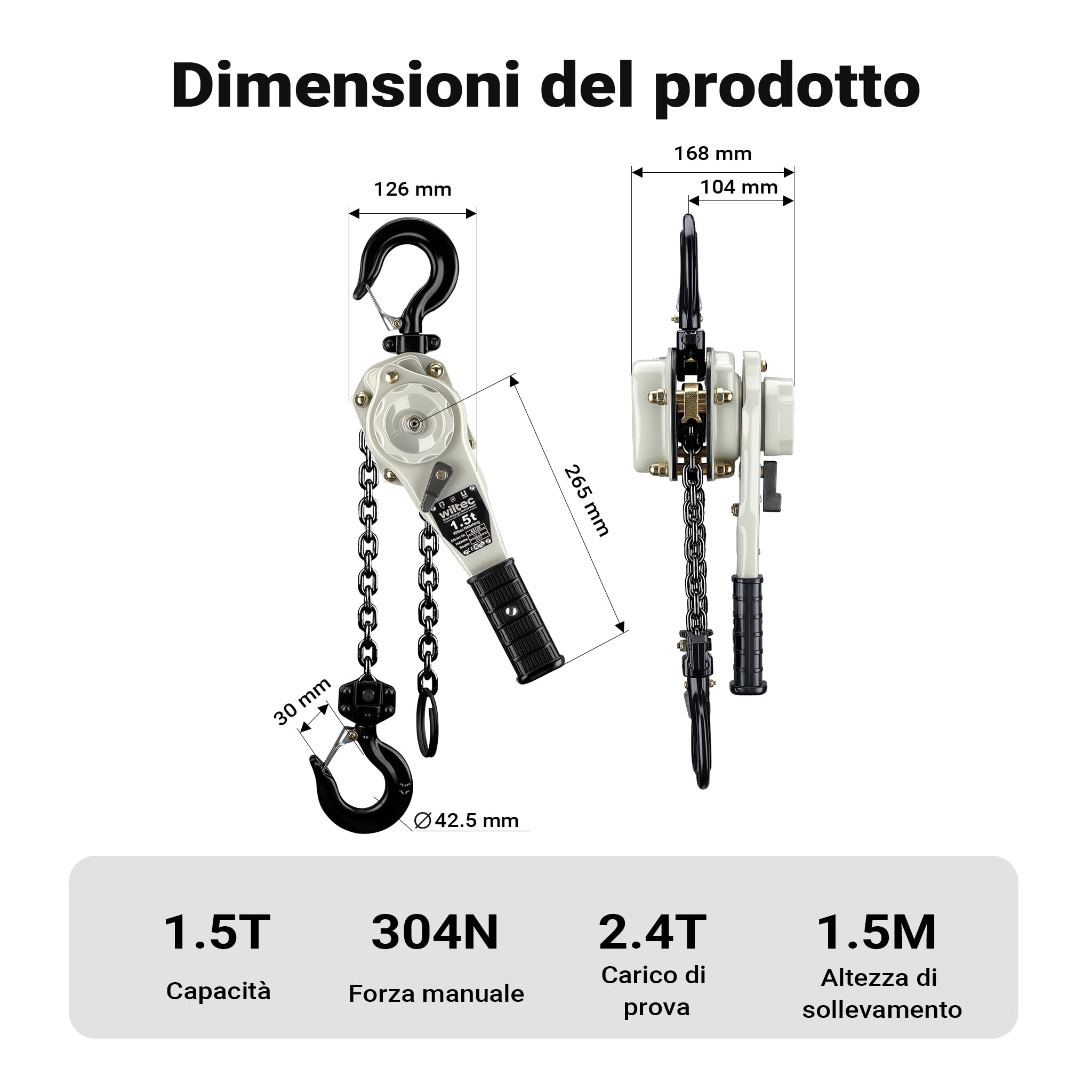 Wiltec Paranco a Leva 1,5 t x 1,5 m con Impugnatura 360°