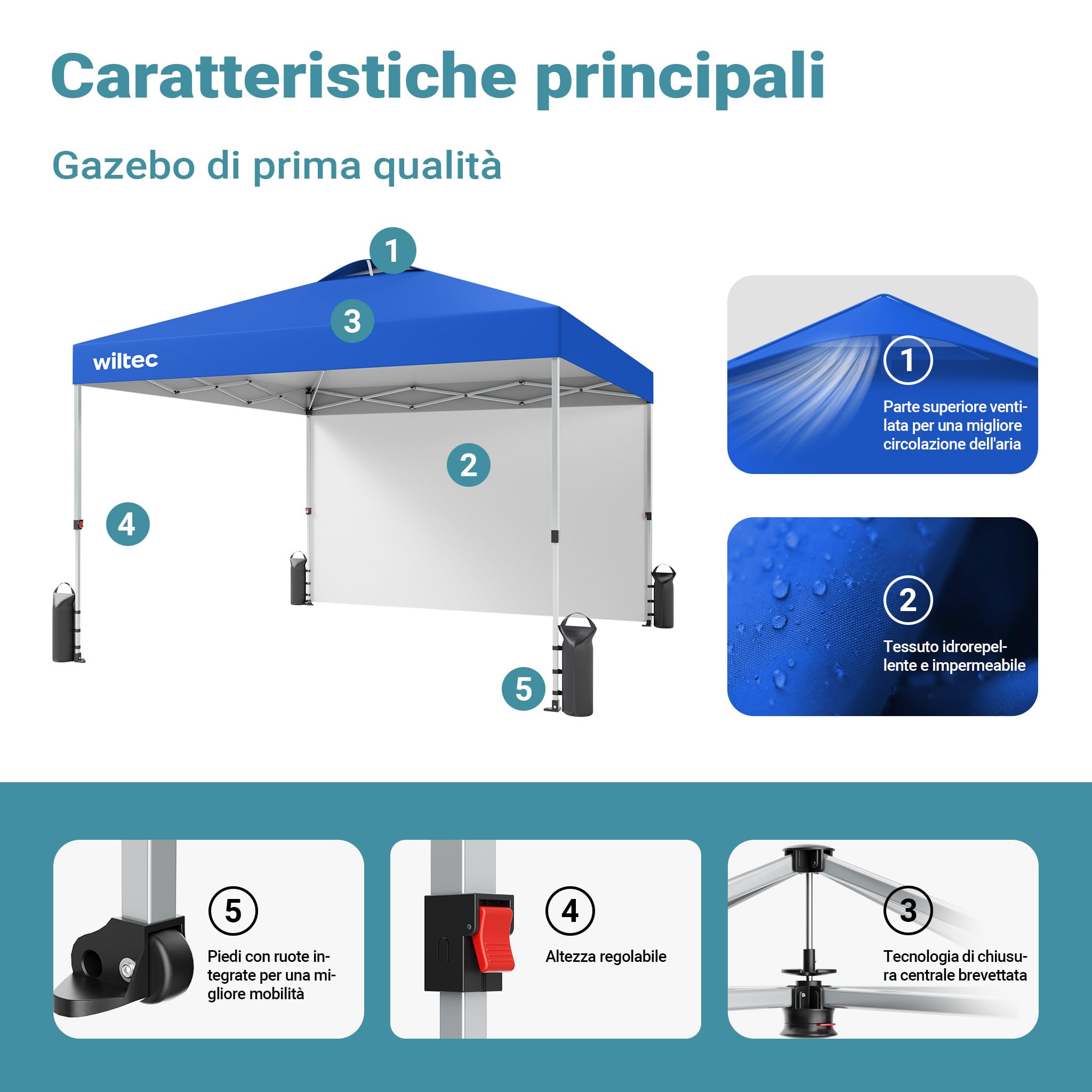 Wiltec Gazebo Pieghevole Pop-Up 3x3m Blu con Parete Laterale
