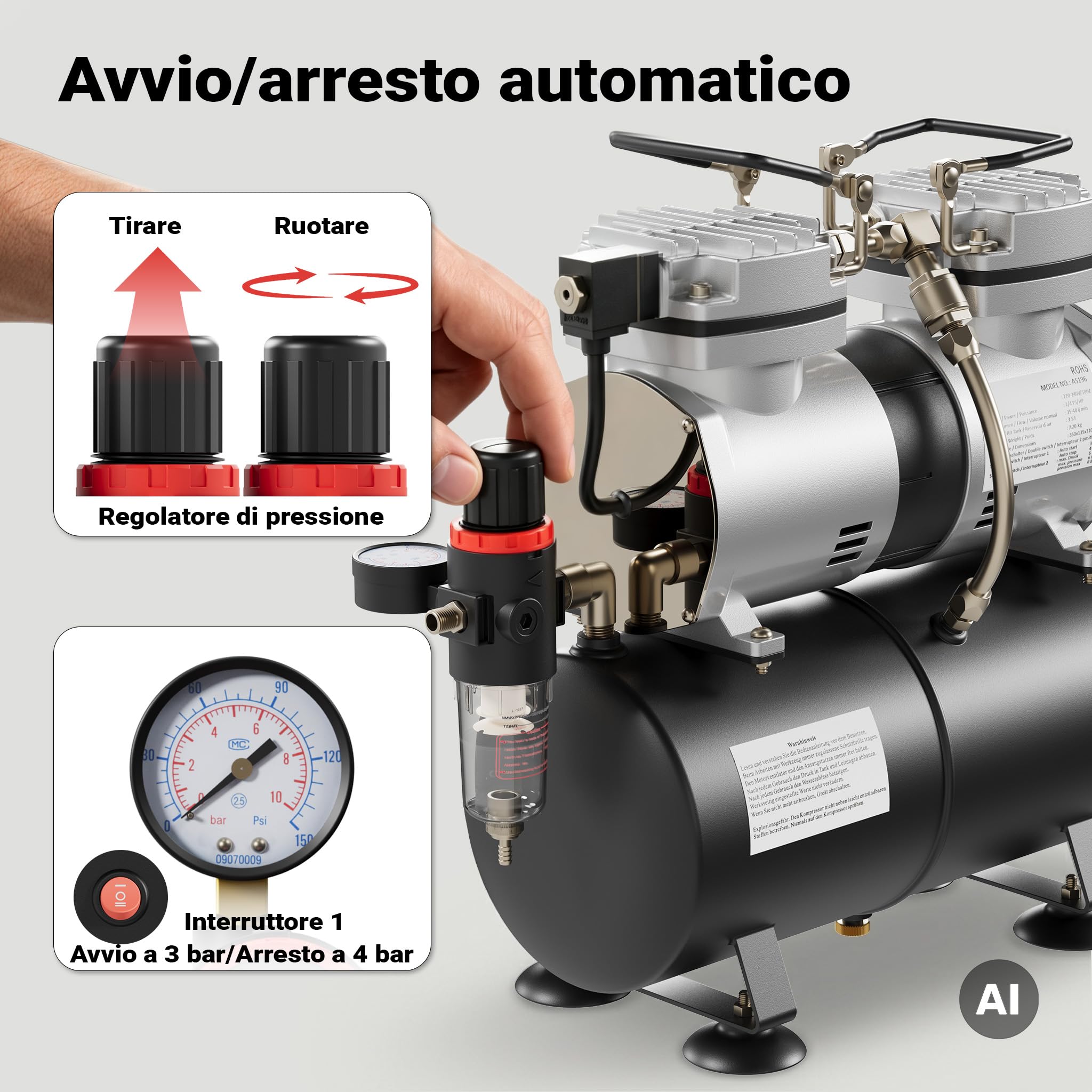 Wiltec AS196 Compressore Aerografo 6 Bar con Serbatoio