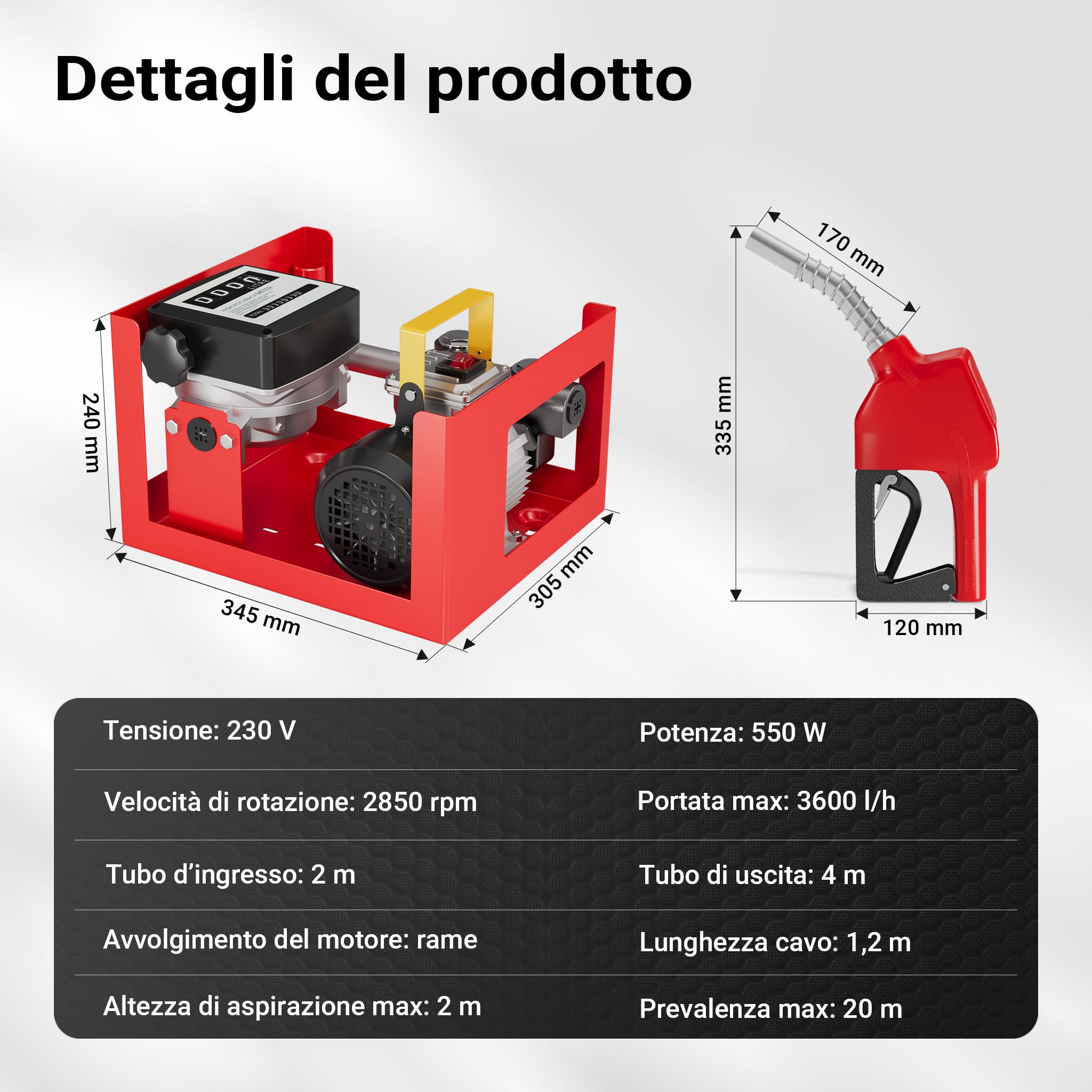 Wiltec Pompa travaso gasolio 230V 550W 60 l/min telaio