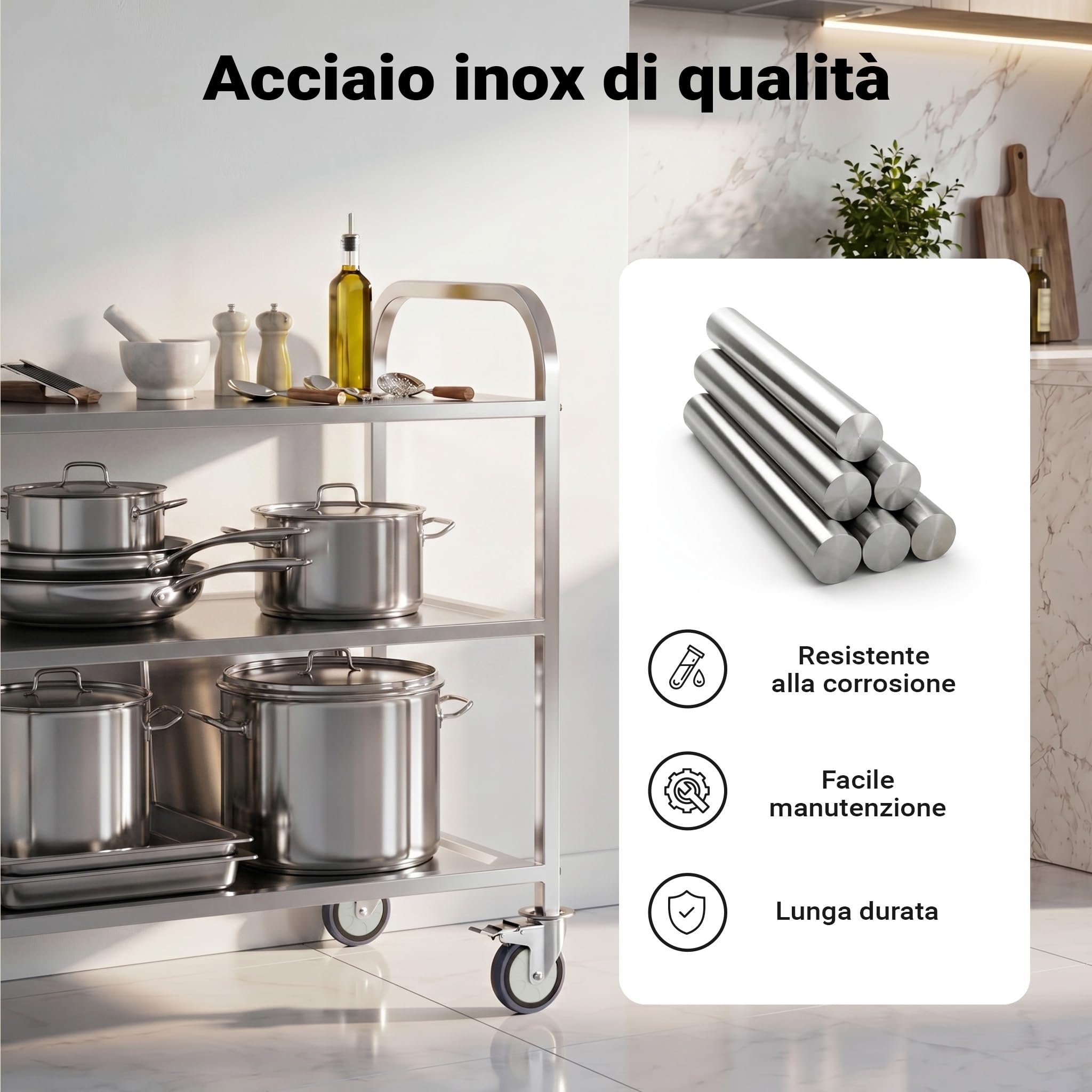 Wiltec carrello portavivande 3 ripiani acciaio inox 150 kg