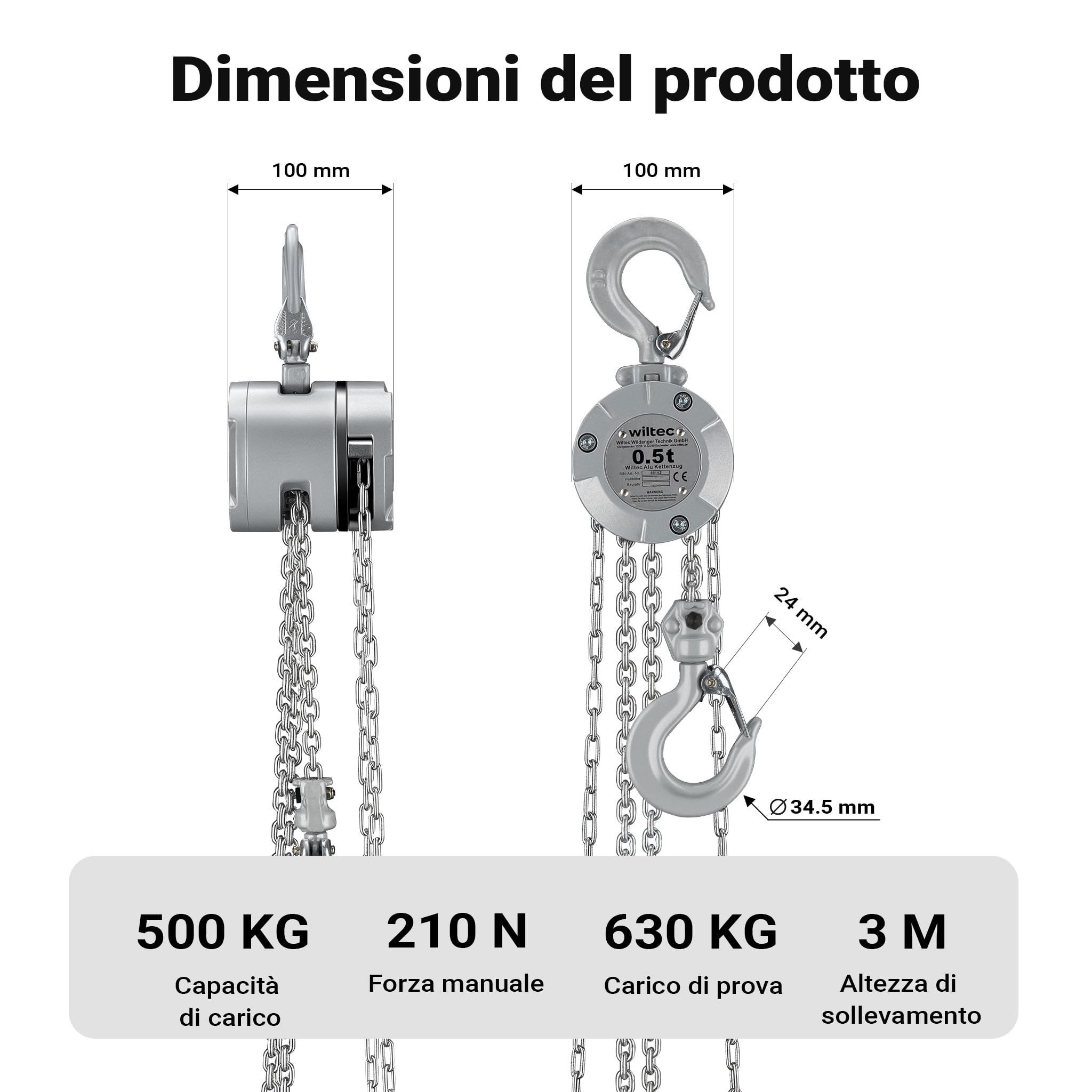 Wiltec VX-0.5 paranco a catena 500 kg 3 m alluminio