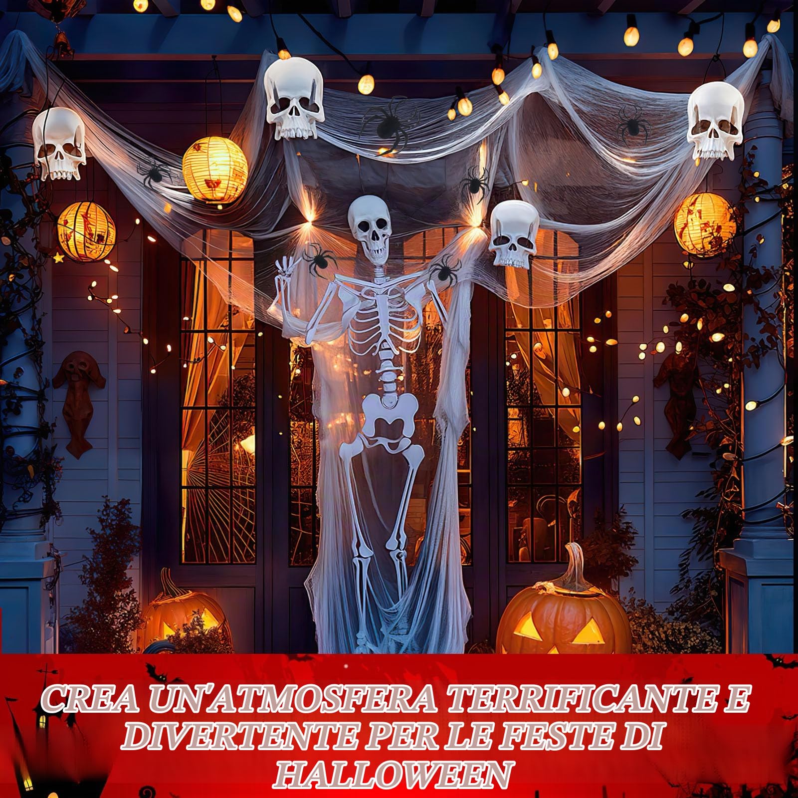 Wzone decorazione Halloween tulle bianco 215x600 cm 12 ragni