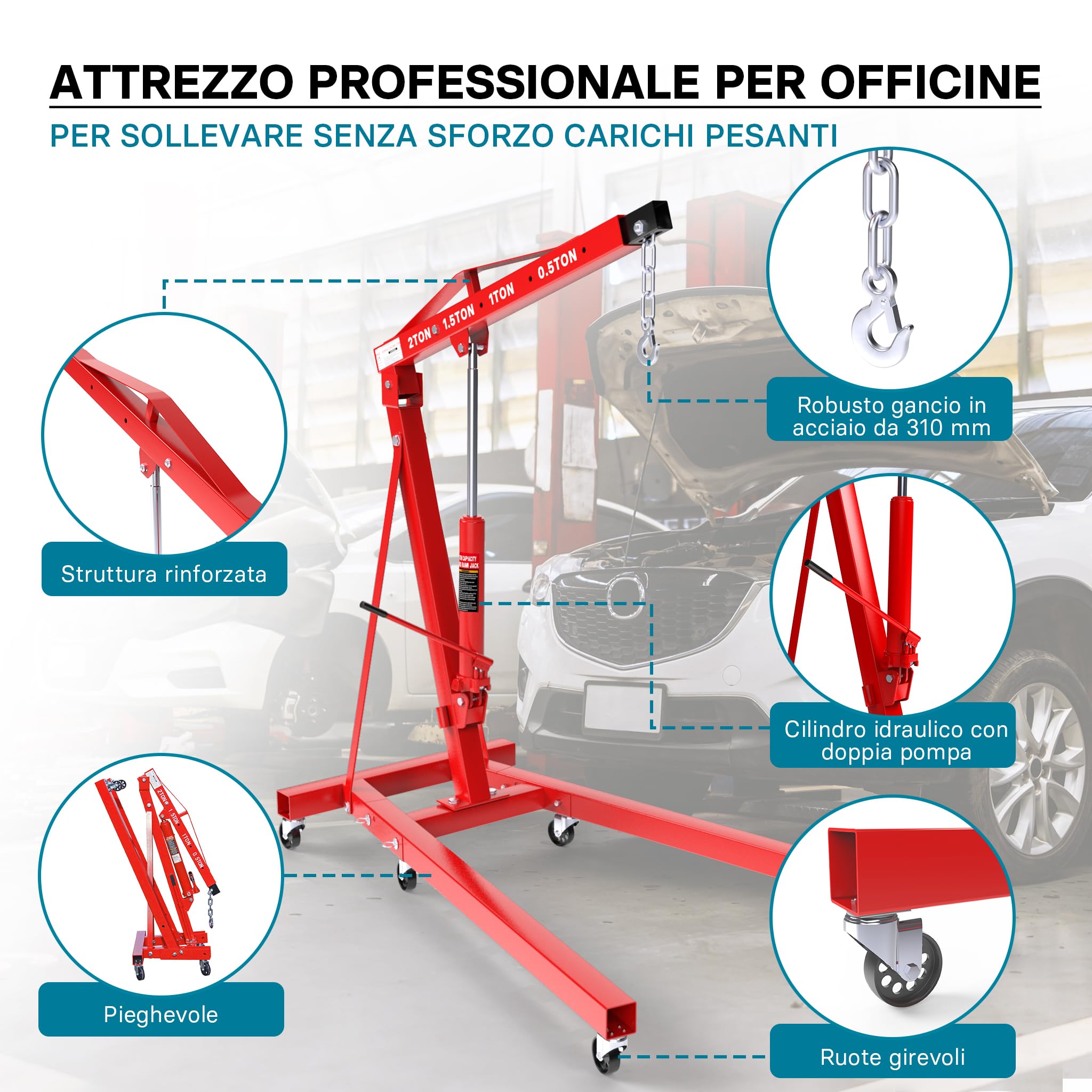Wiltec Gruetta Idraulica 2000kg Officina Pieghevole 2,25m