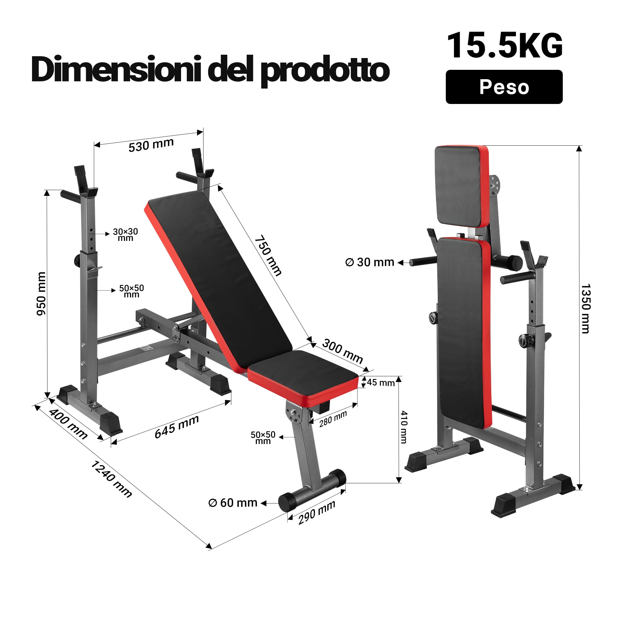 Wiltec Panca pesi 2in1 pieghevole 230 kg con bilanciere