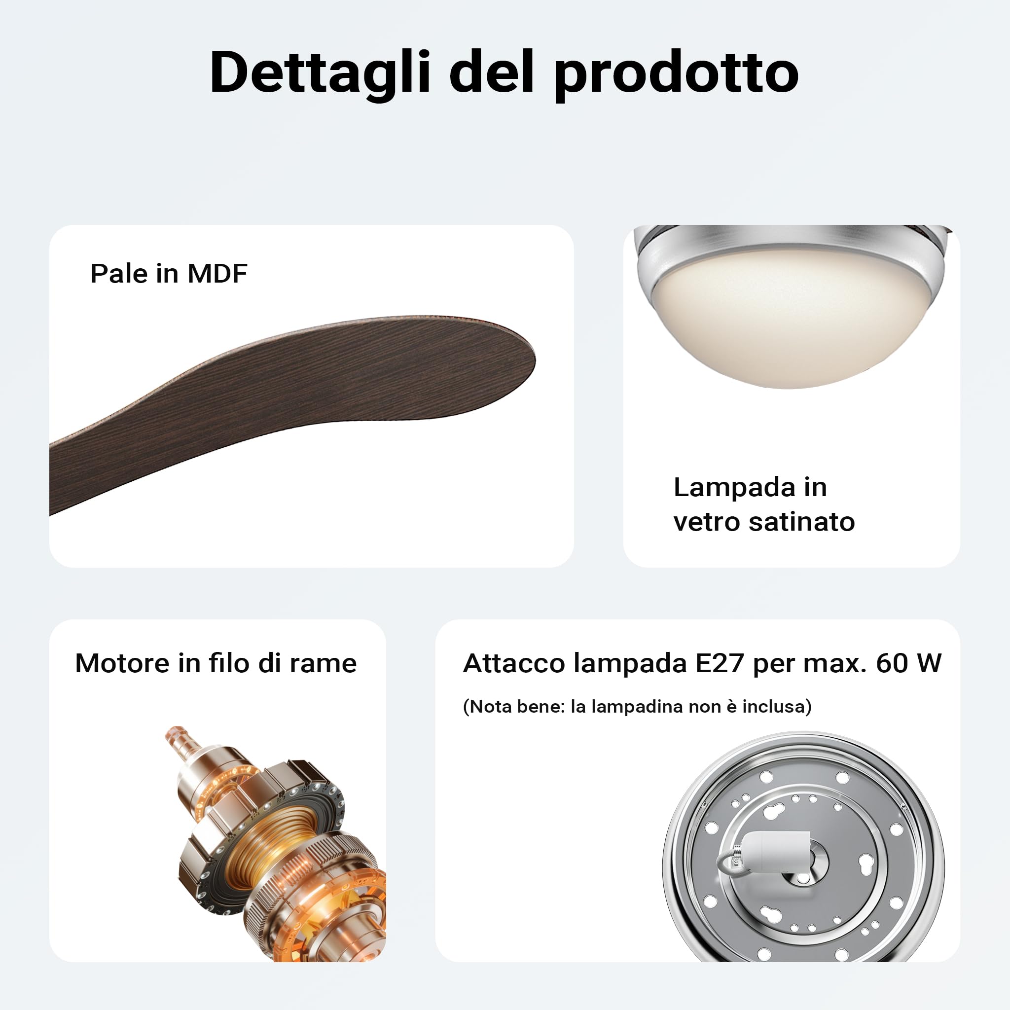 Wiltec Ventilatore da soffitto 130 cm 55W 3 pale con luce
