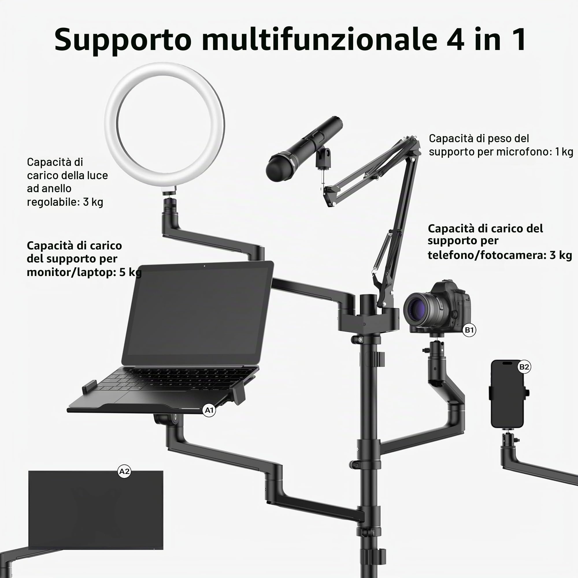 Wiltec Supporto tavolo 4in1 bracci microfono ring light