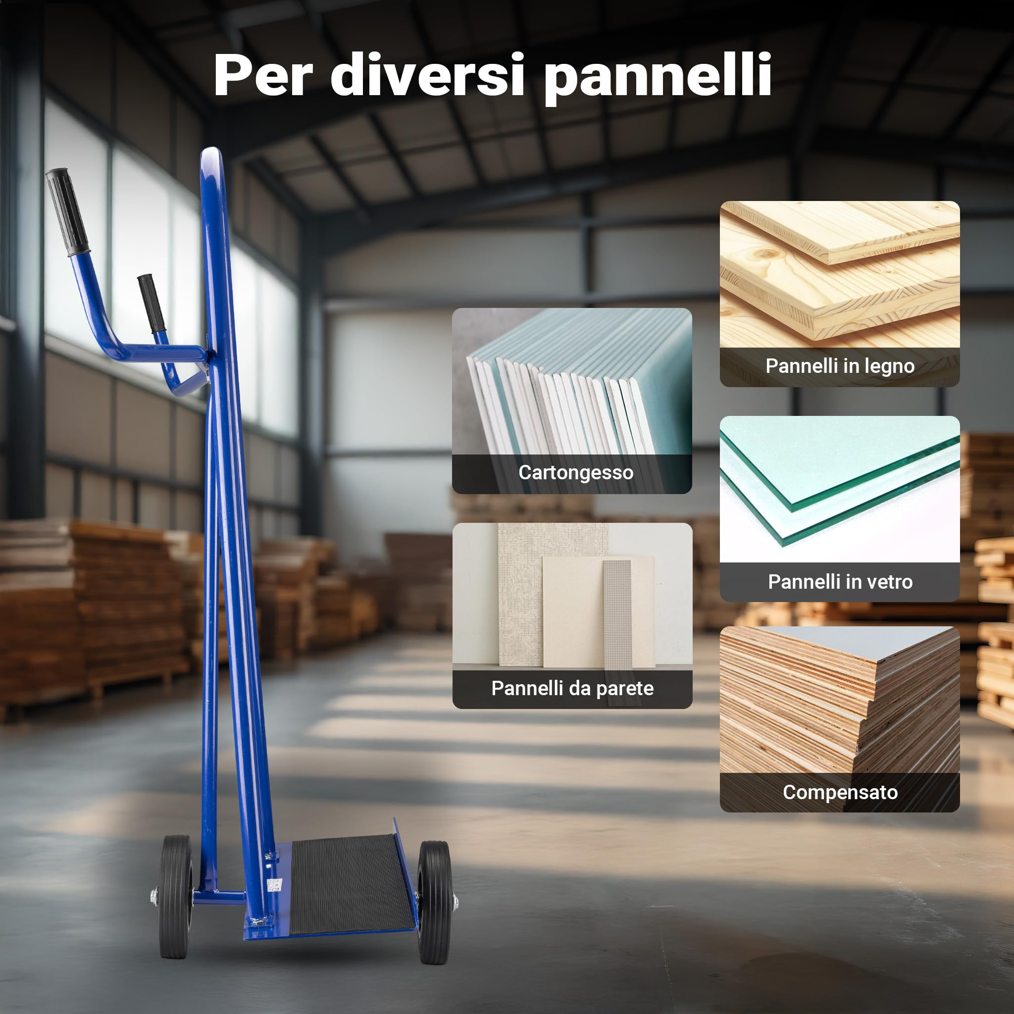Wiltec Carrello porta pannelli 300 kg 2 ruote gomma