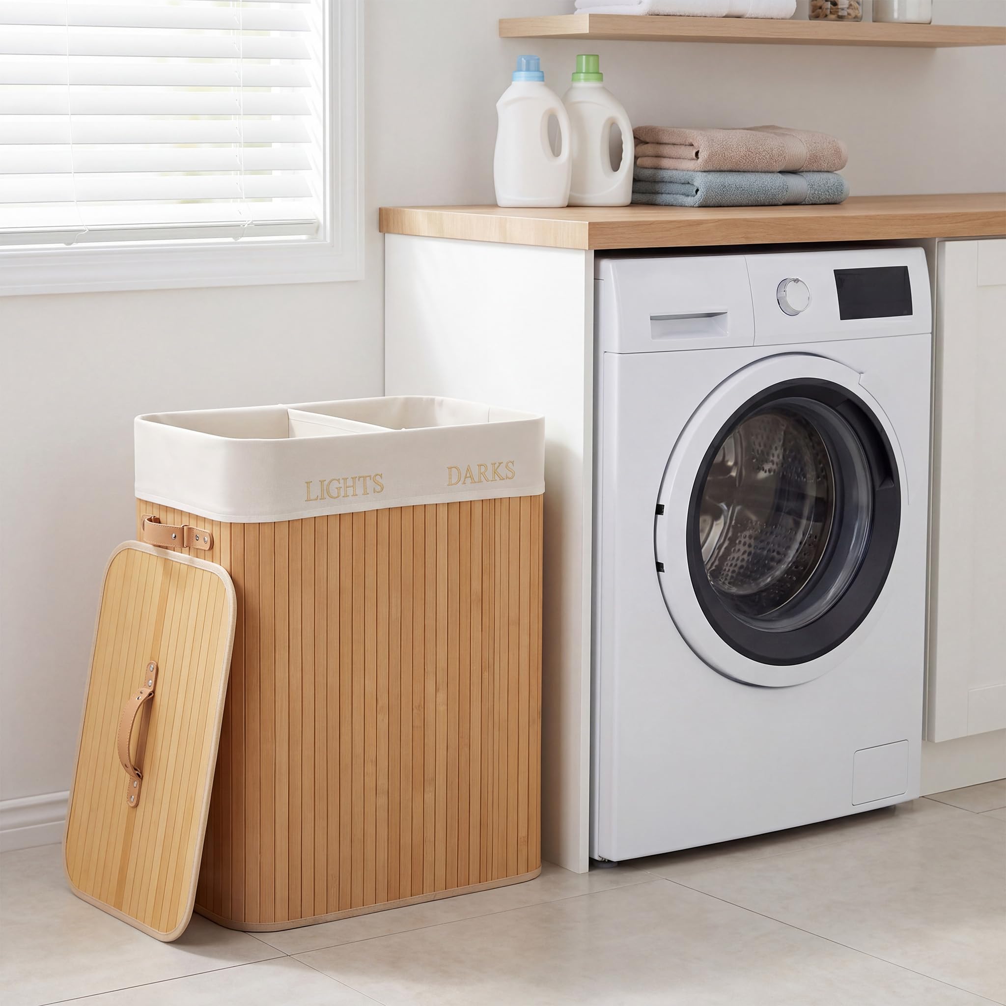 Wiltec Cesto Portabiancheria Bambù 105 L Doppio Scomparto