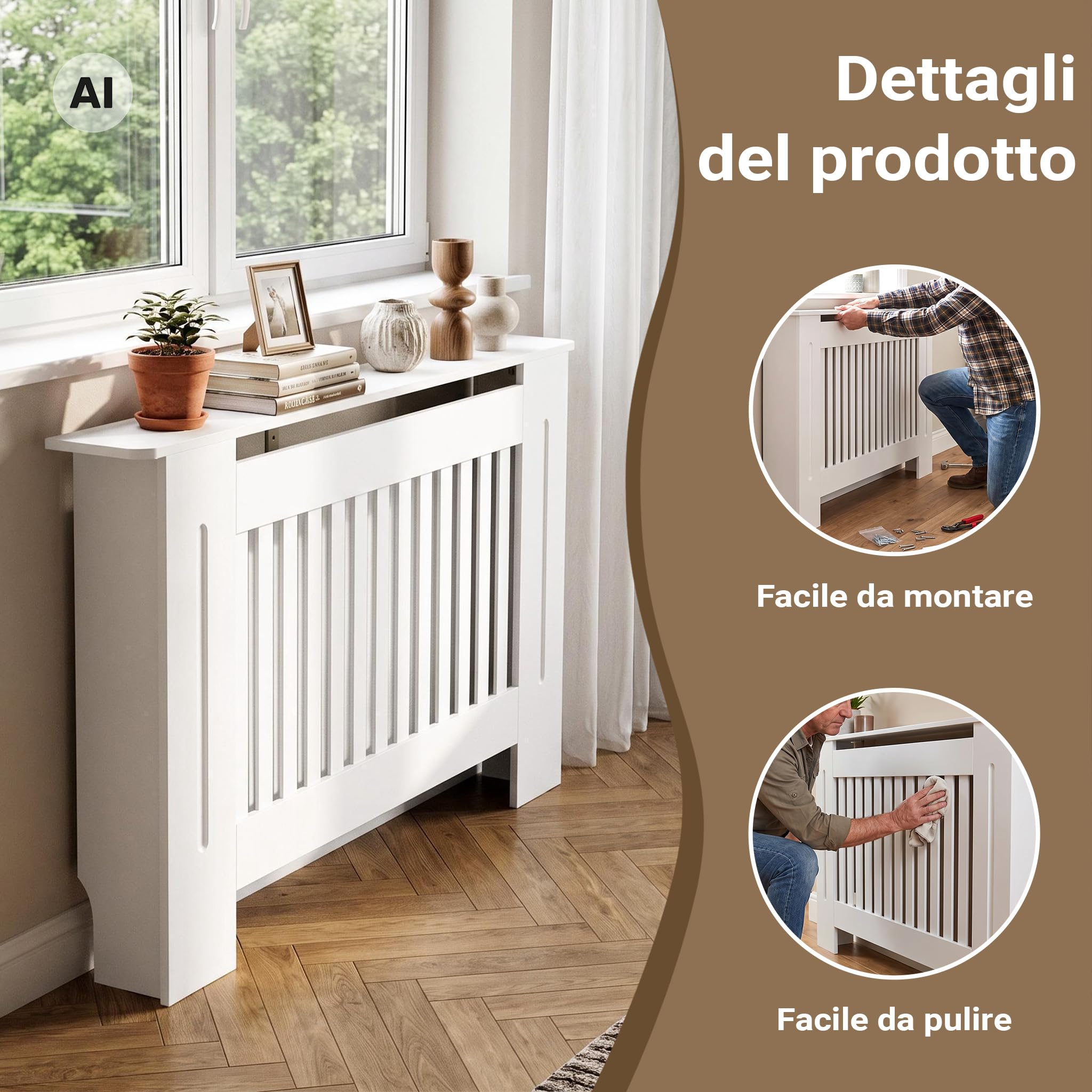 Wiltec Copritermosifone a Doghe MDF Bianco 112x19x82 cm