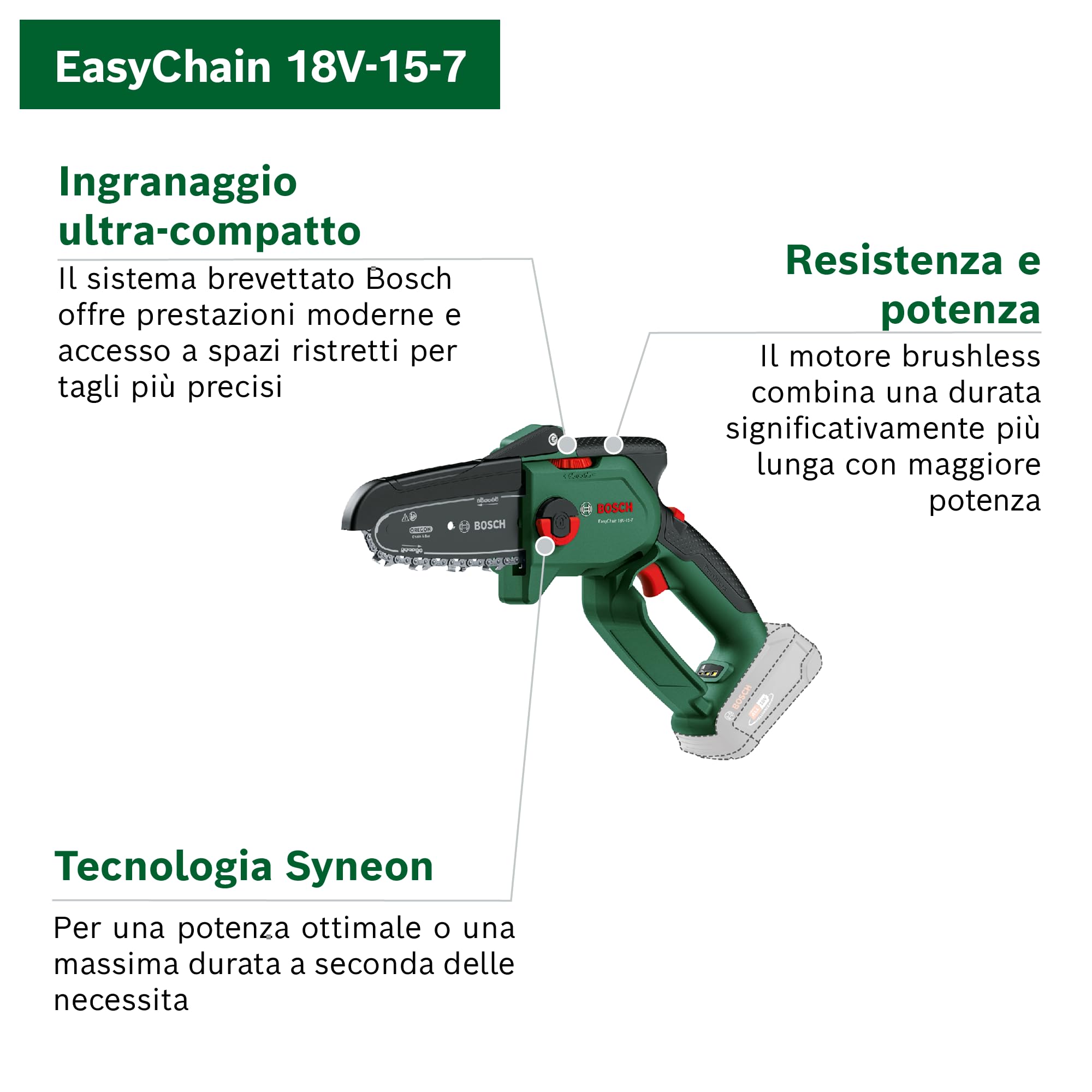 Bosch EasyChain 18V-15-7 Mini Motosega a Batteria Solo Corpo 15 cm