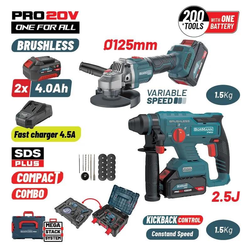 Bormann set 20V brushless trapano SDS 2,5J + smerigliatrice 125