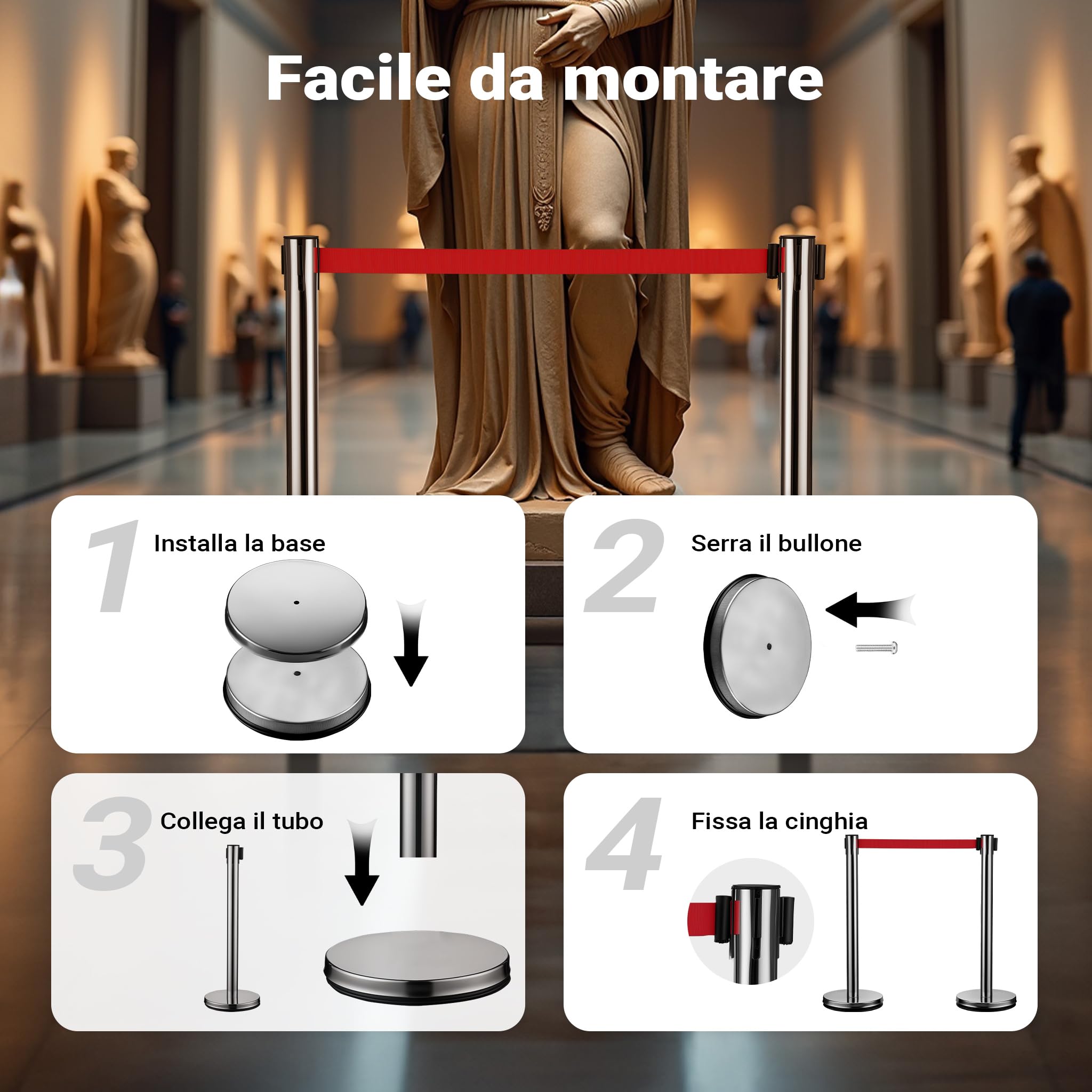 Wiltec Colonnine Tendinastro Inox Nastro Rosso 2 Pezzi Argento