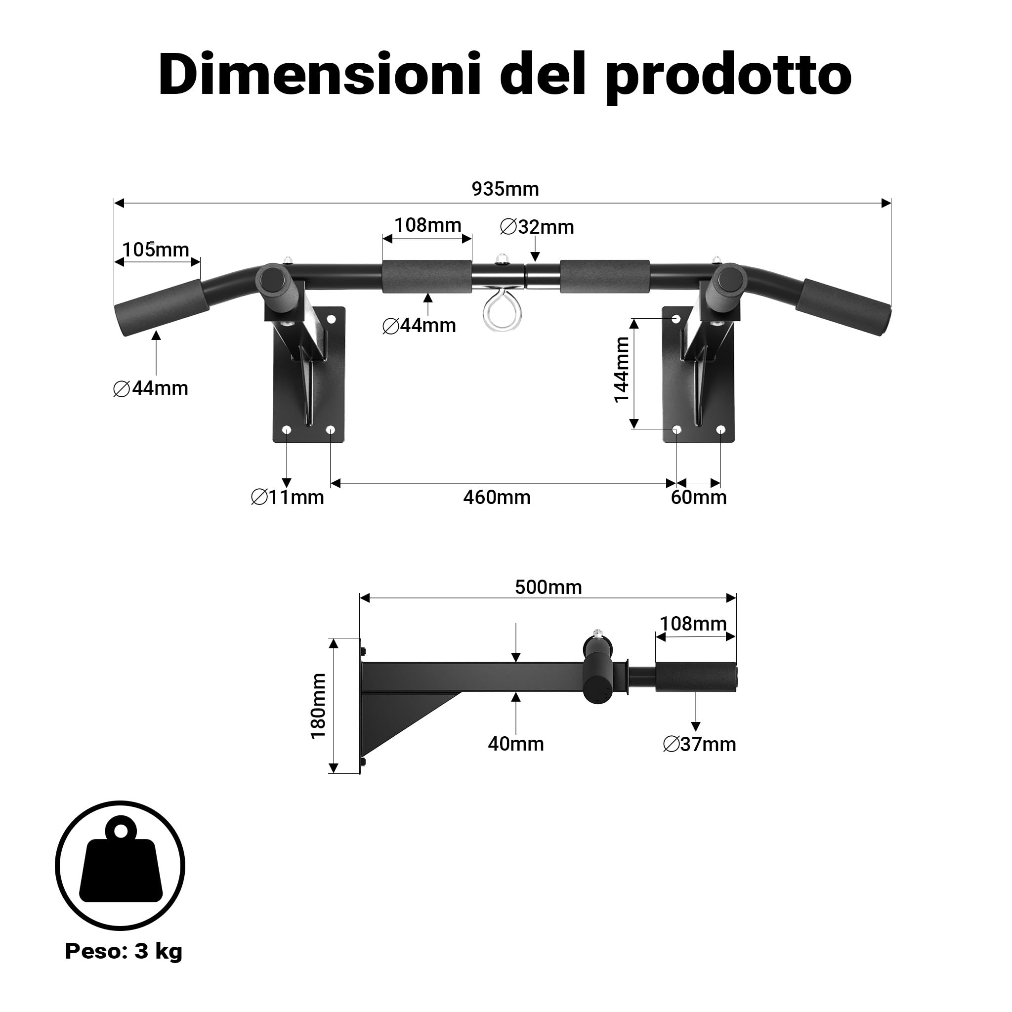 Wiltec Barra Trazioni Parete 200 kg Prese Multiple